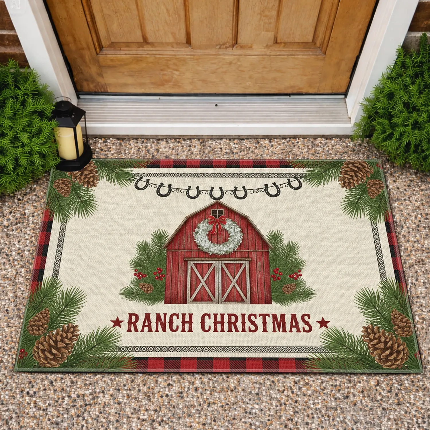 Rustic Red Barn Wreath Ranch Christmas - Farmhouse Holiday Decor Doormat - 1