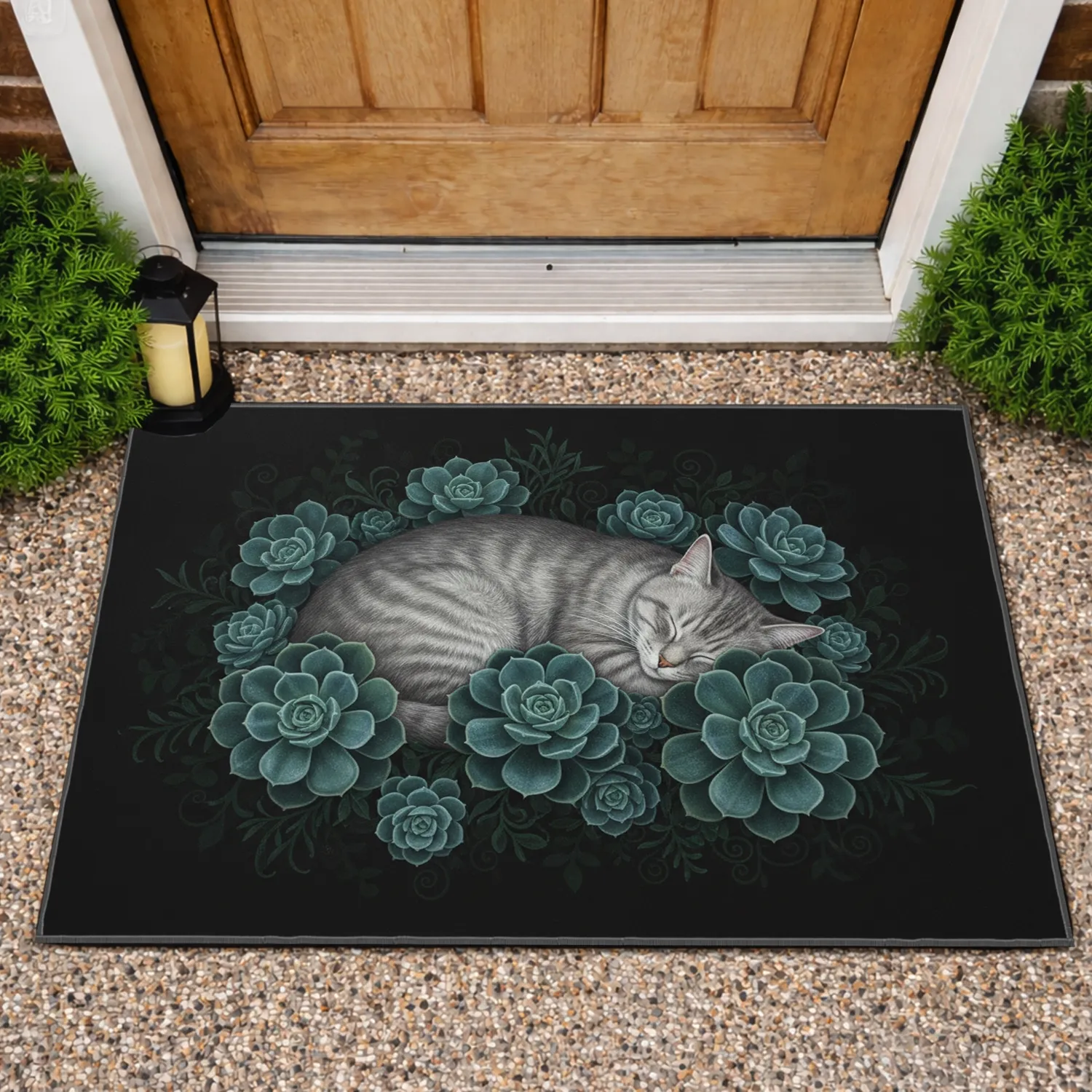 Sleeping Gray Tabby Cat, Succulent Rosettes, Botanical Foliage - Home Decor Gift for Cat Lovers Doormat - 1