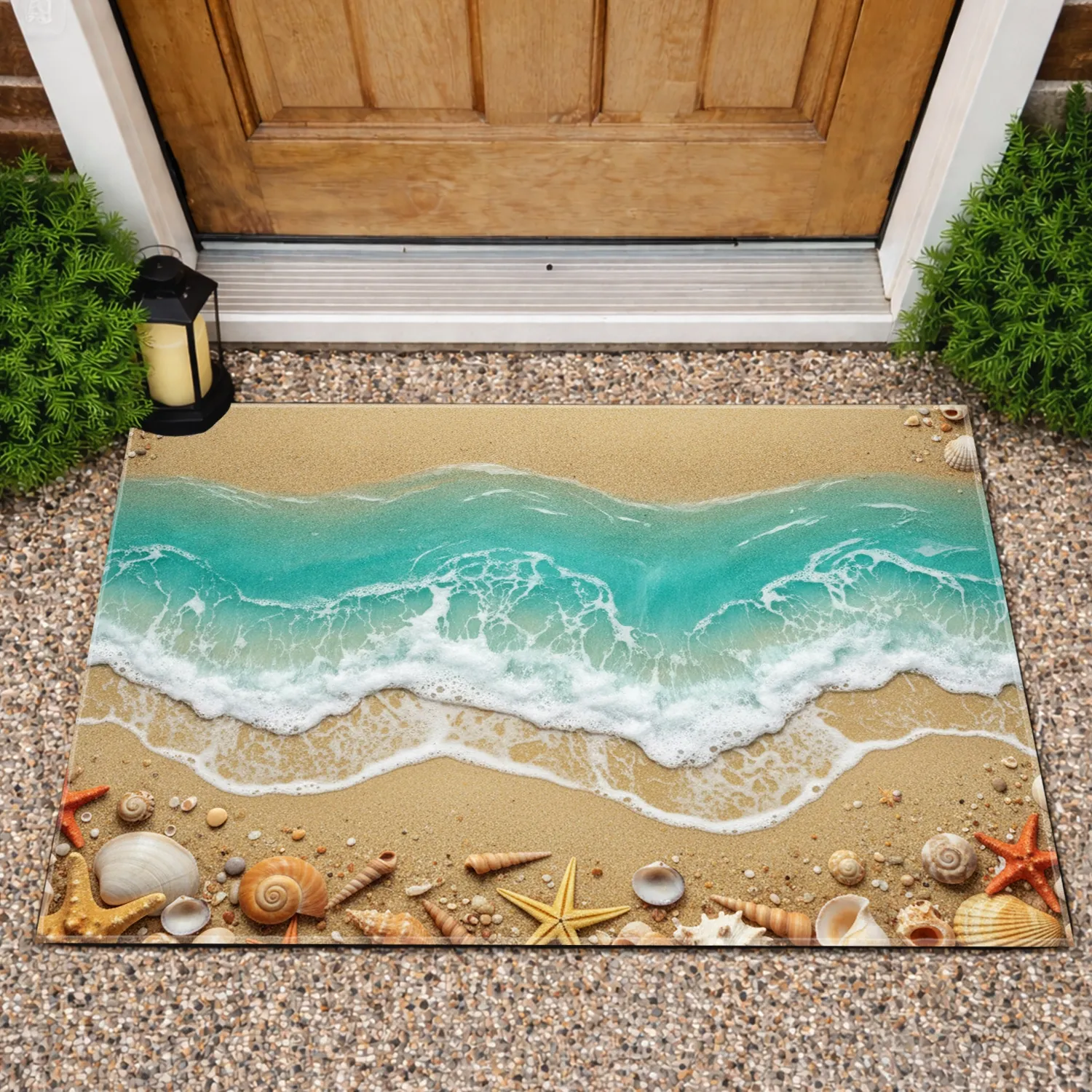 Vibrant Turquoise Ocean Waves Sandy Beach Shoreline Seashells Starfish - Home Decor Gift Doormat - 1