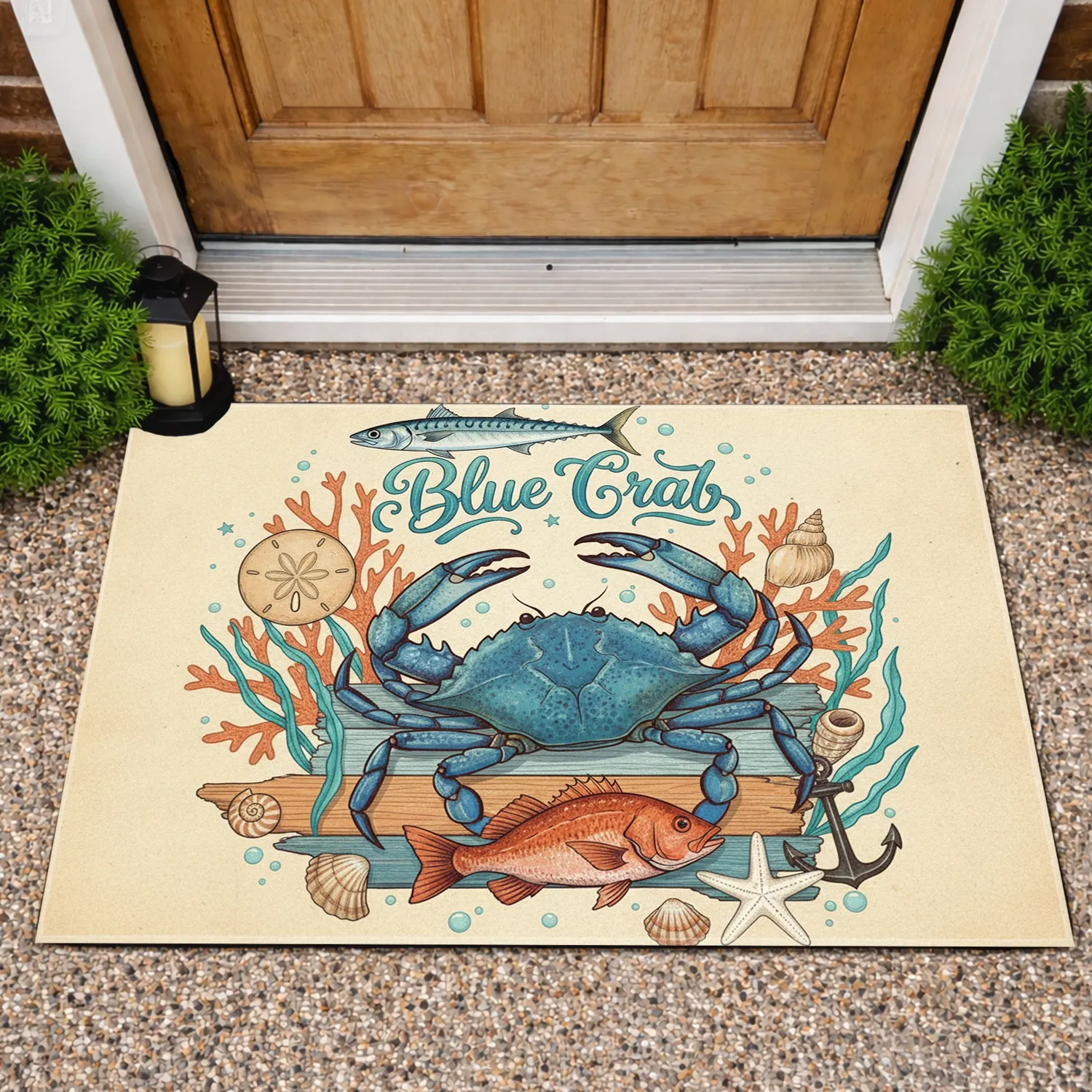 Blue Crab Marine Life Seashell Driftwood Coastal Home Decor Gift Doormat - 1