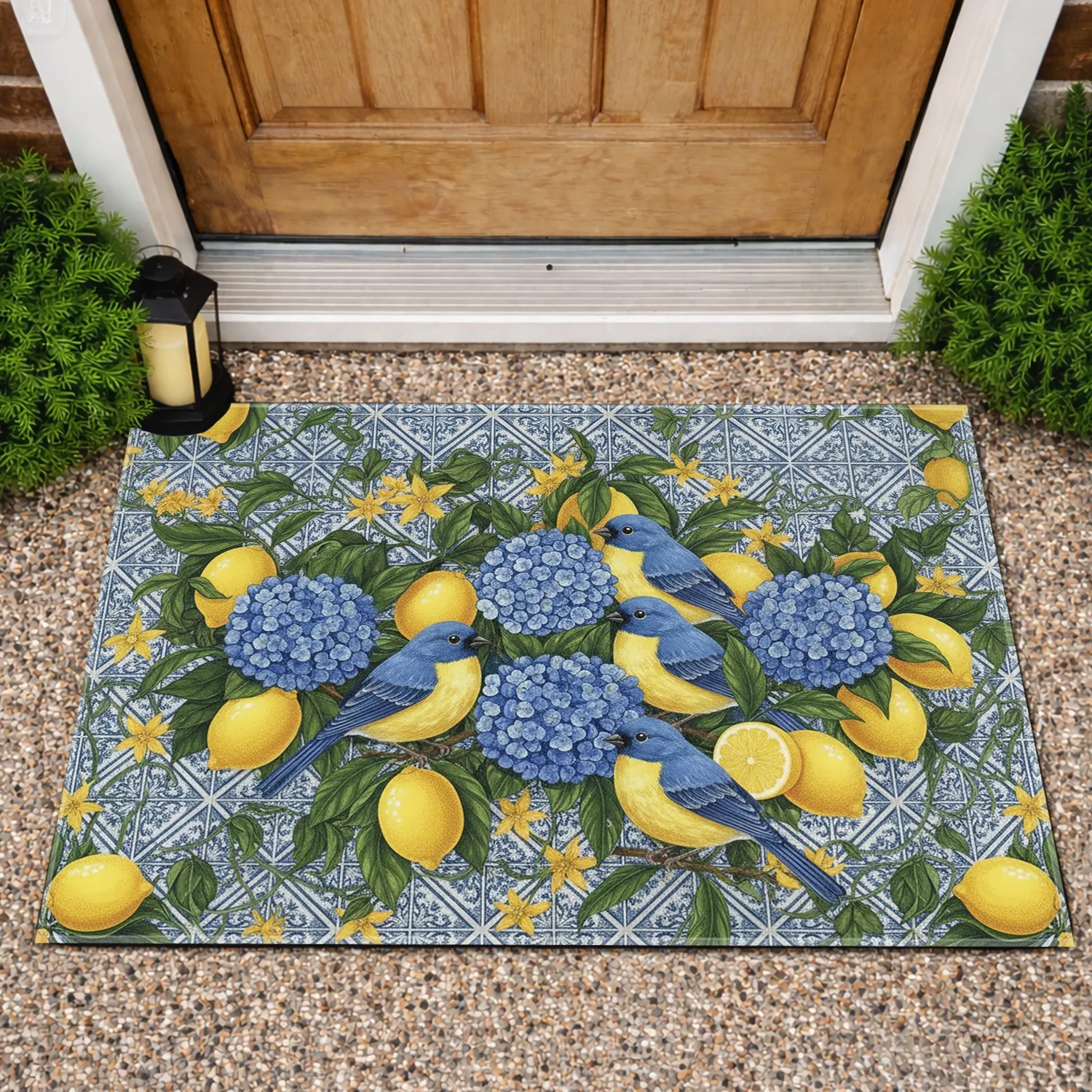Blue Birds Lemon Hydrangea Foliage - Home Decor Gift for Botanical Lover Doormat - 1