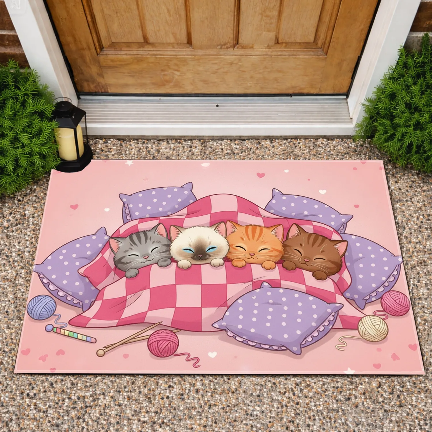 Five Sleepy Cartoon Kittens Pink Blanket Purple Pillows Hearts Stars - Home Decor Gift for Cat Lover Doormat - 1