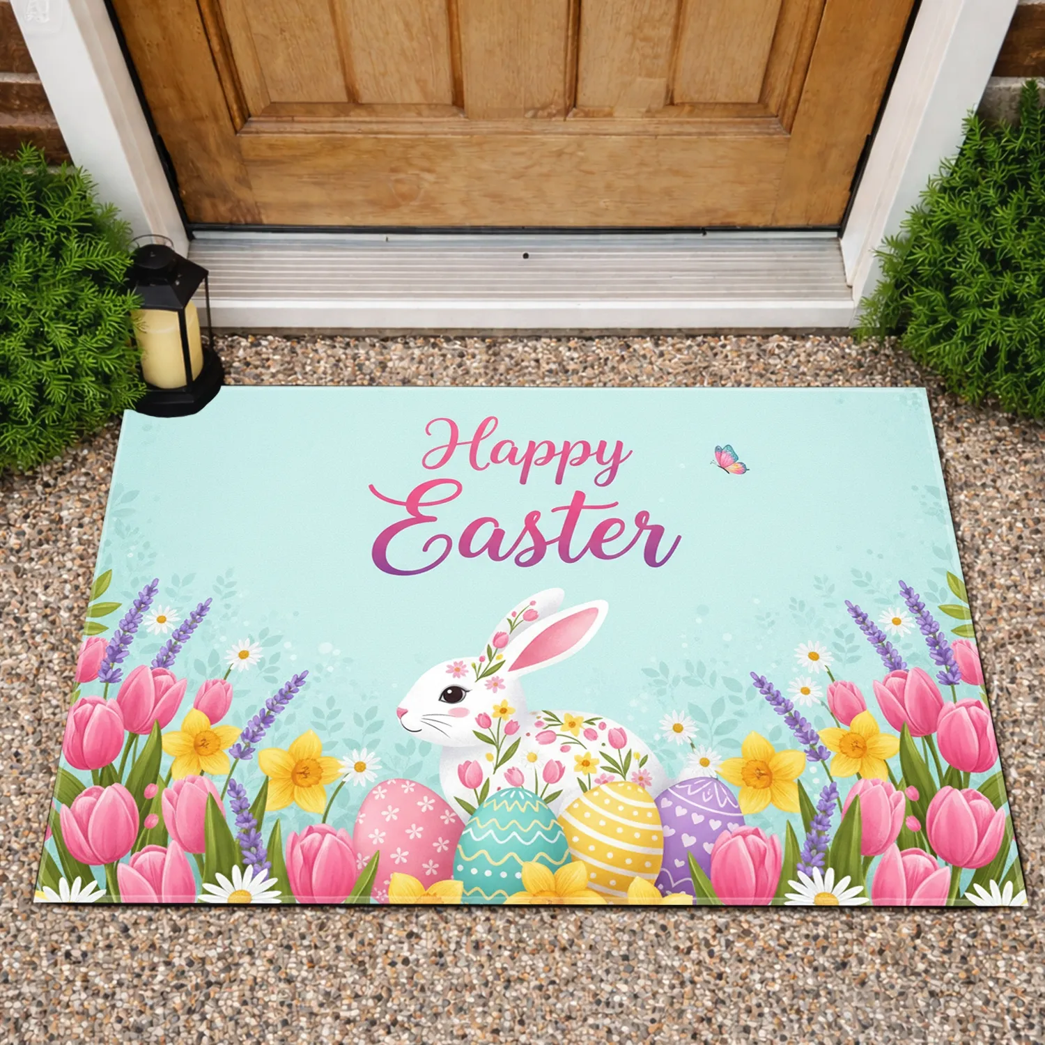 Happy Easter Bunny Eggs Spring Garden - Easter Holiday Home Decor Doormat - 1