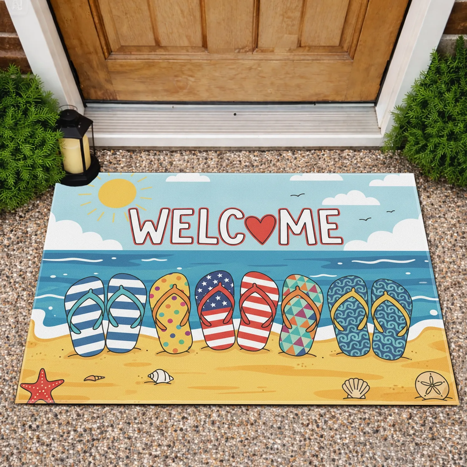 Welcome Flip Flops Sandy Beach Ocean Sun - Summer Home Decor Gift Doormat - 1