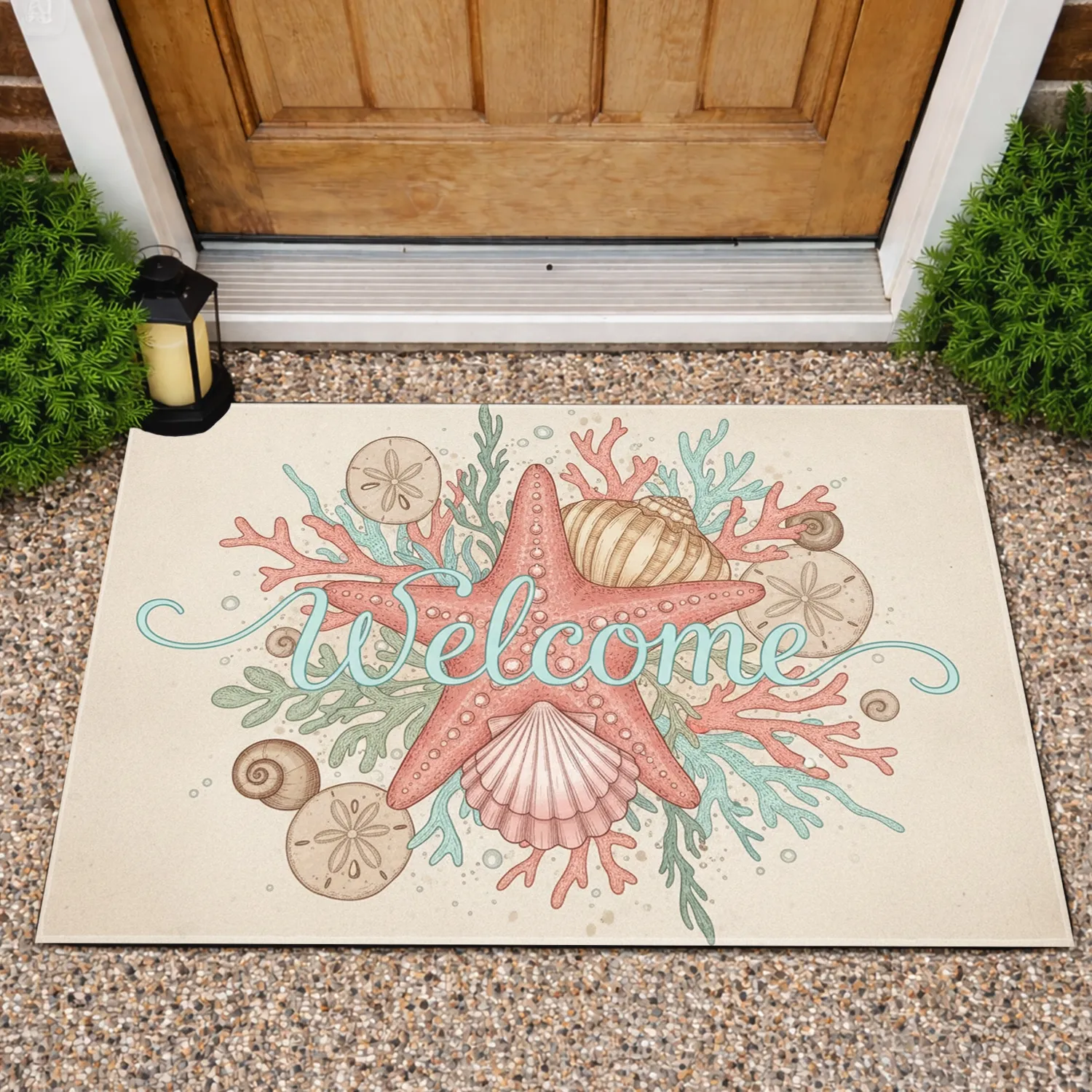 Welcome Starfish Conch Scallop Shell - Beach House Home Decor Gift Doormat - 1