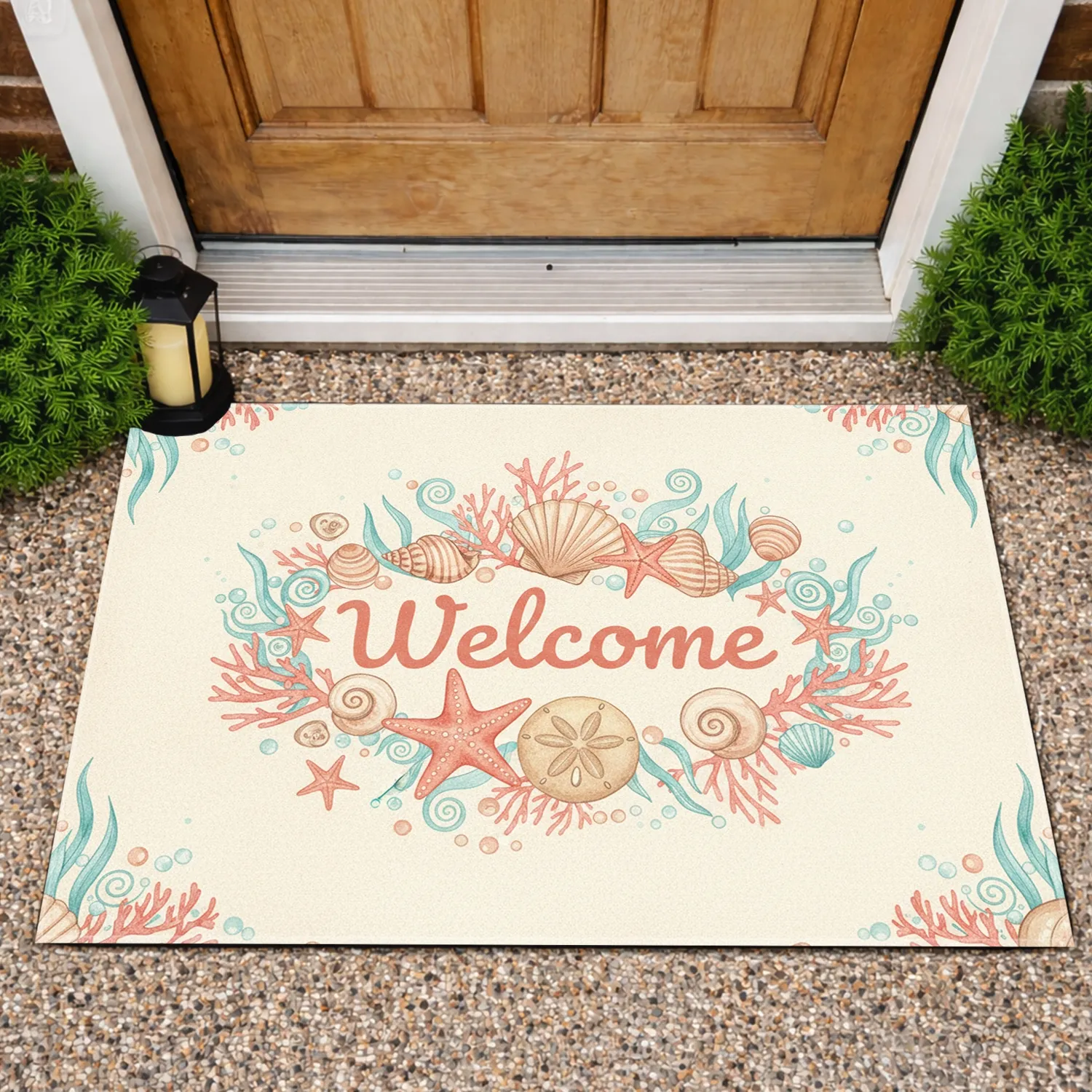Conch Shells Scallop Starfish Sand Dollar Coral Welcome - Coastal Home Decor Gift Doormat - 1