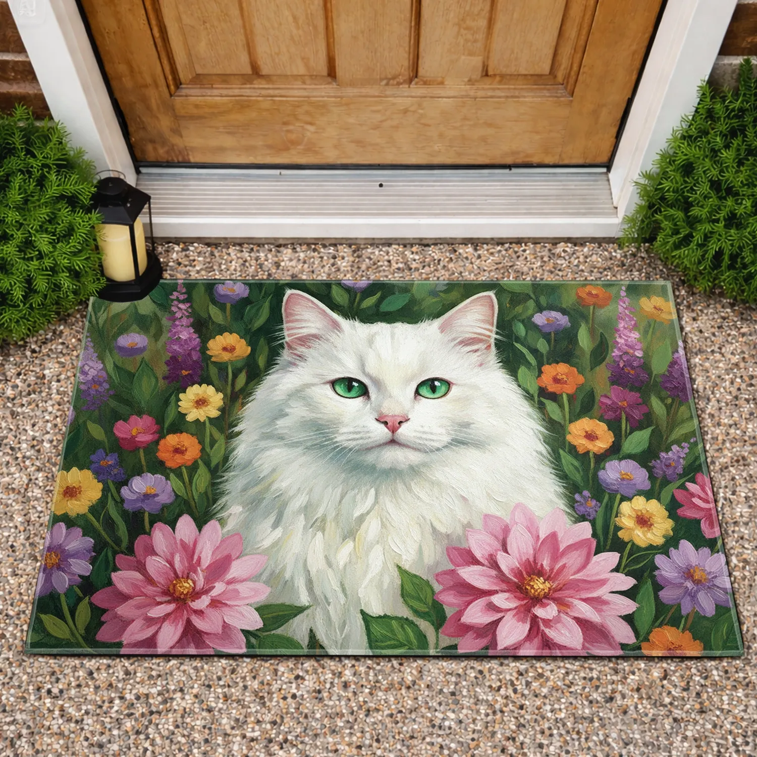 White Cat Pink Dahlia Garden Blooms & Greenery - Home Decor Gift for Garden & Cat Lover Doormat - 1