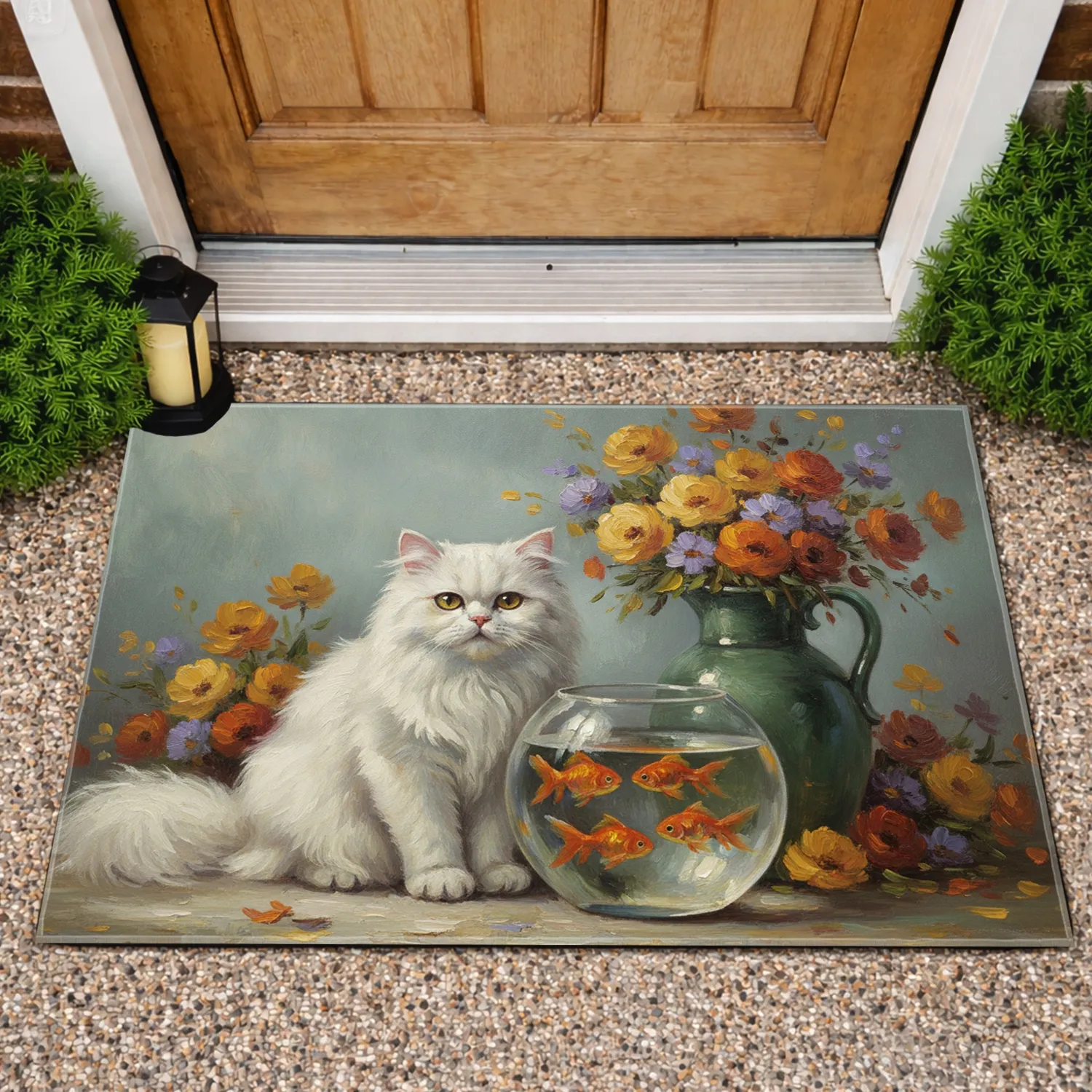Fluffy White Cat Goldfish Fishbowl Flowers - Home Decor Gift for Cat Lover Doormat - 1