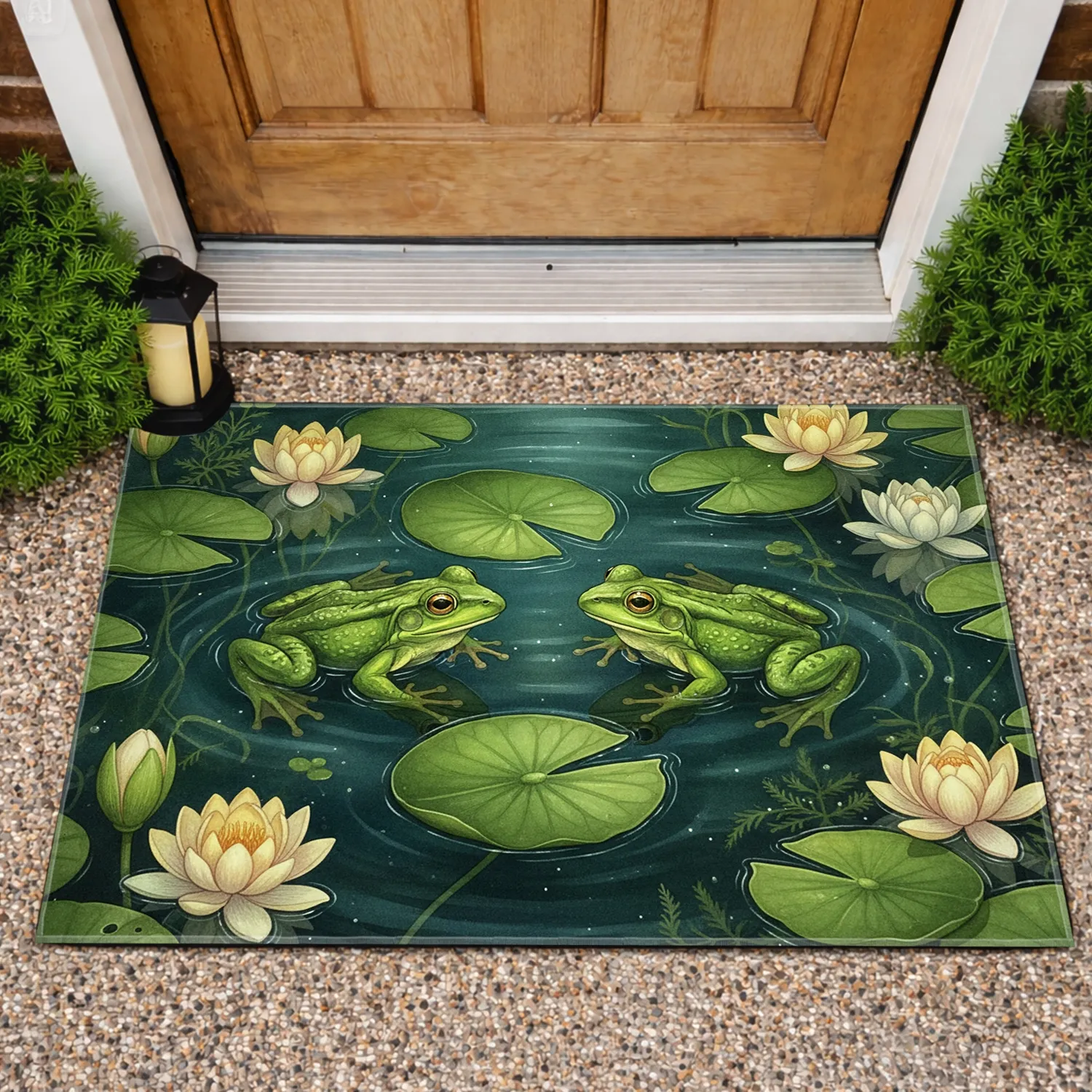Green Frogs Lily Pads Water Lilies Aquatic Plants Pond - Wildlife Lover Home Decor Gift Doormat - 1