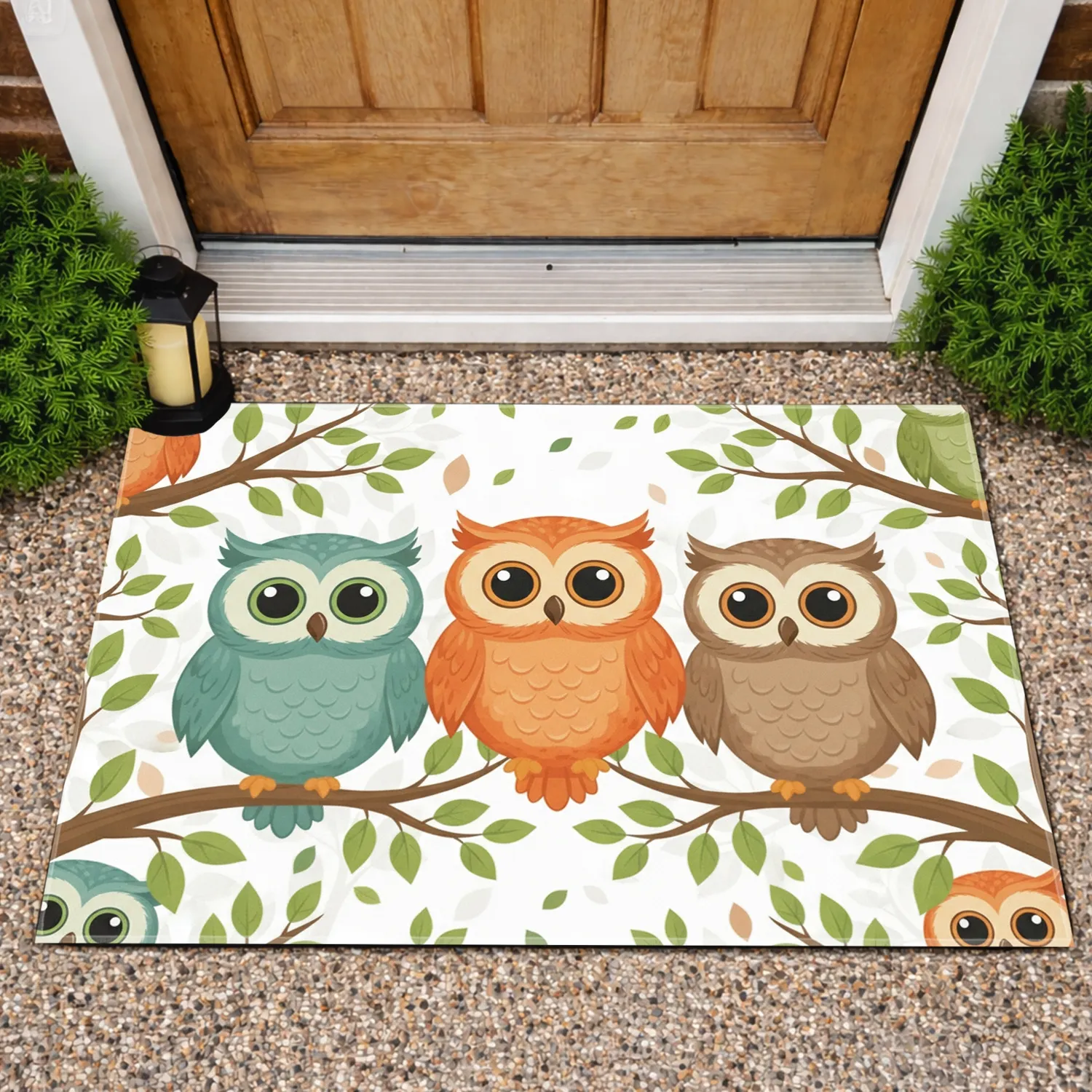 Plump Owls Wide Open Eyes Smaller Owls Leafy Branches - Wildlife Home Decor Gift Doormat - 1