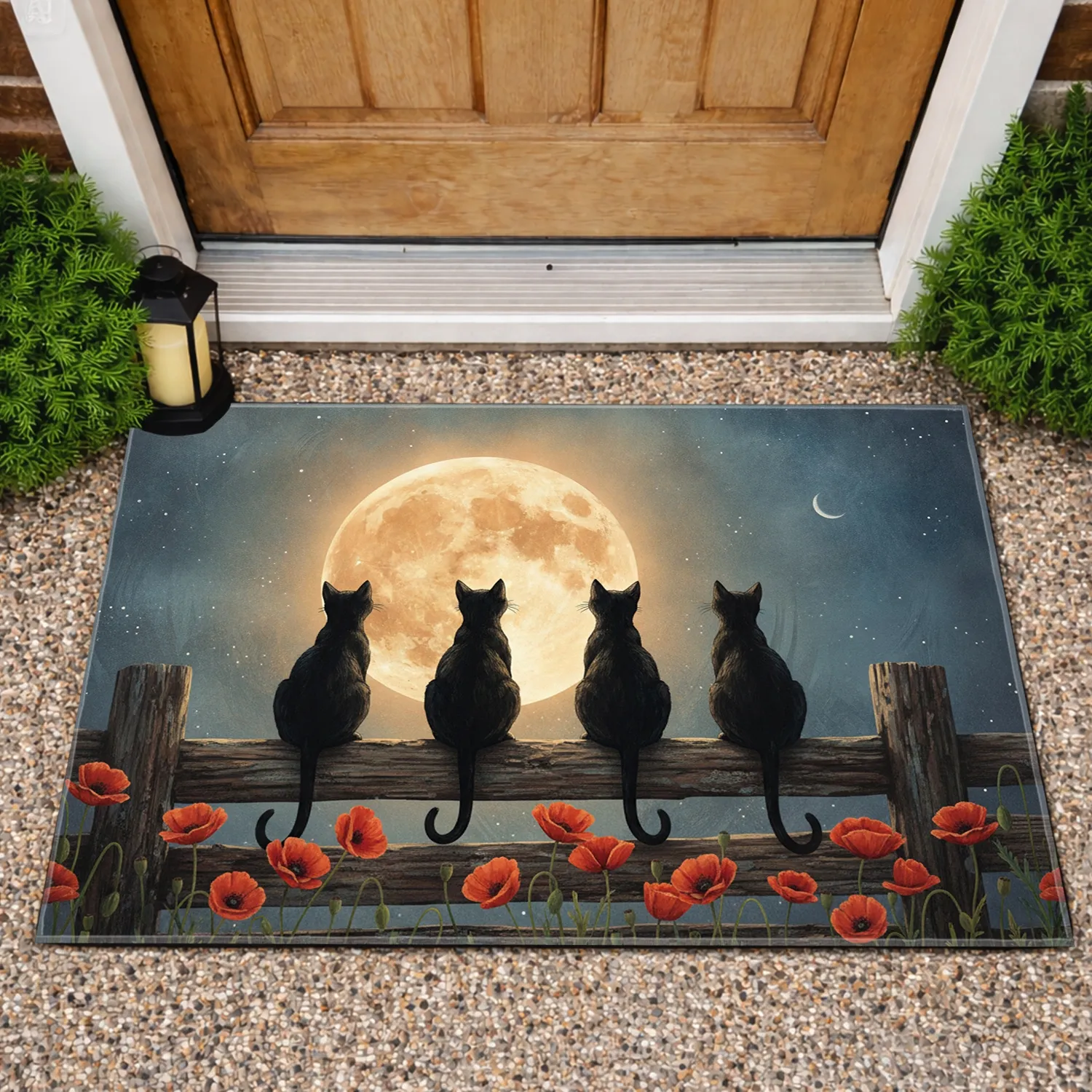 Black Cats Full Moon Poppies Rustic Wooden Fence Night Sky Home Decor Gift for Cat Lover Doormat - 1