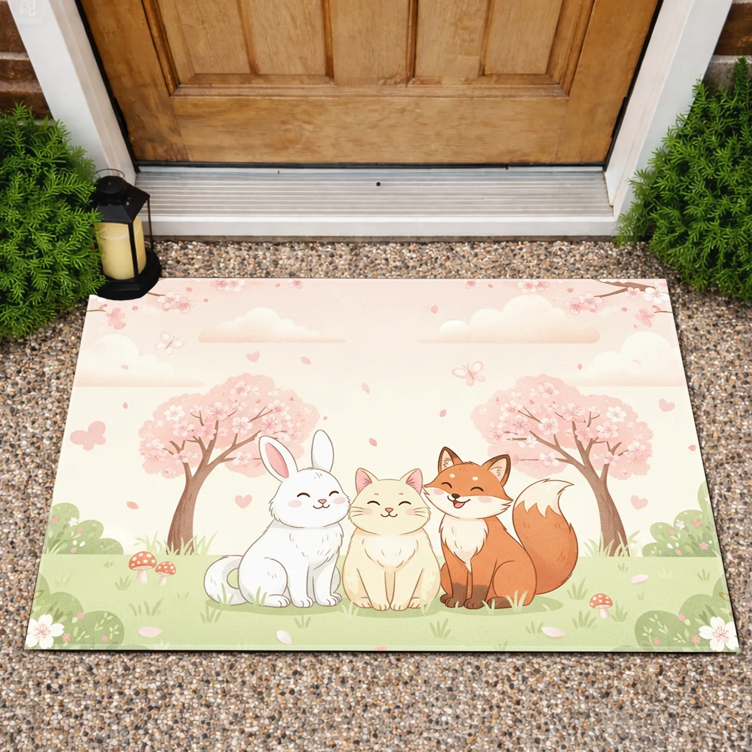 Spring Bunny Cat Fox Cherry Blossom Field - Home Decor Gift for Animal Lover Doormat - 1