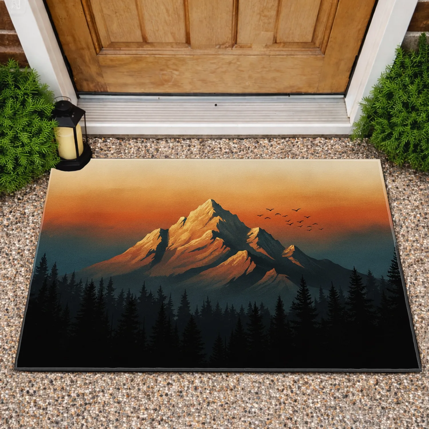 Dawn Dusk Layered Mountain Pine Forest Flying Birds - Home Decor Gift Doormat - 1