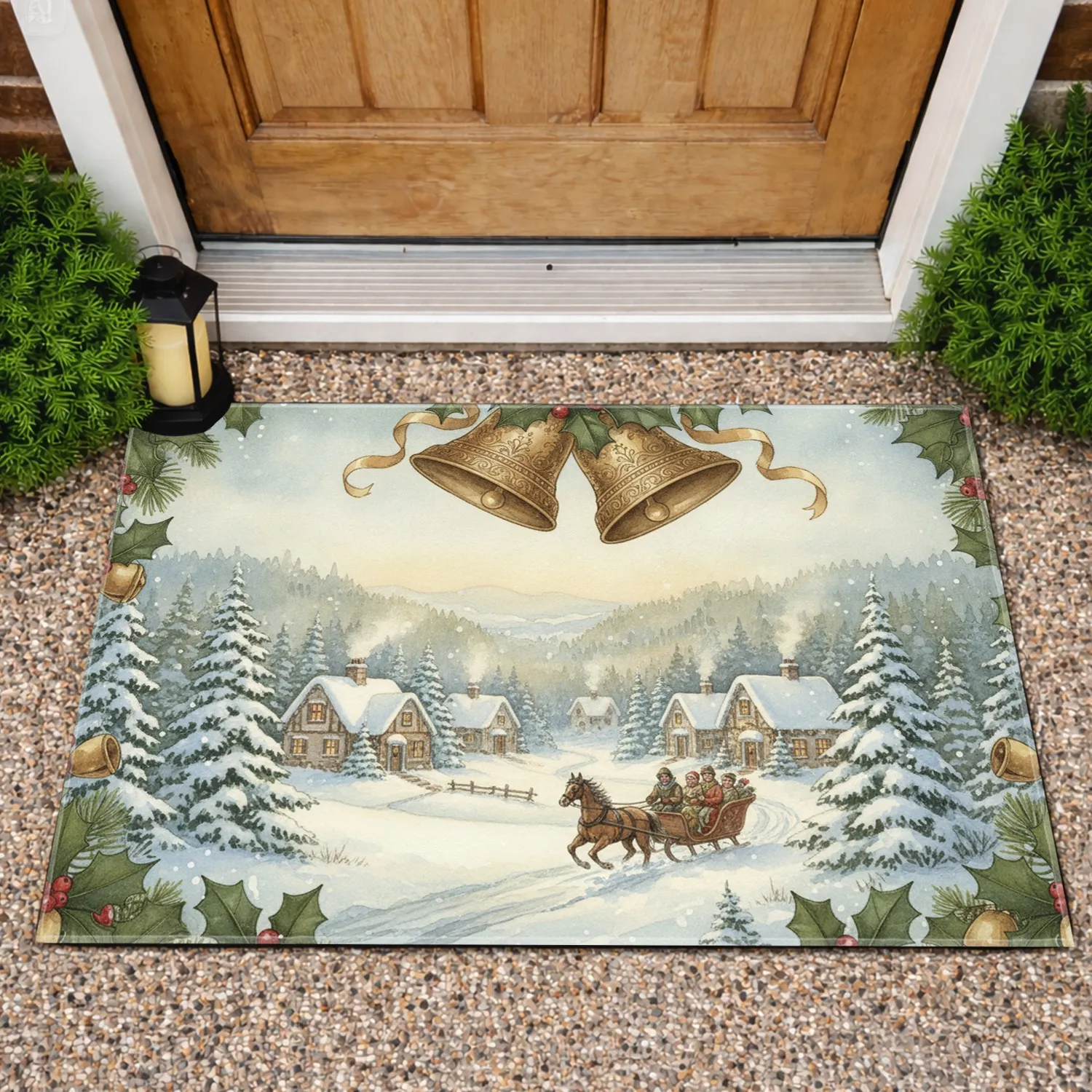 Golden Christmas Bells Snowy Village Horse Sleigh - Holiday Home Decor Doormat - 1