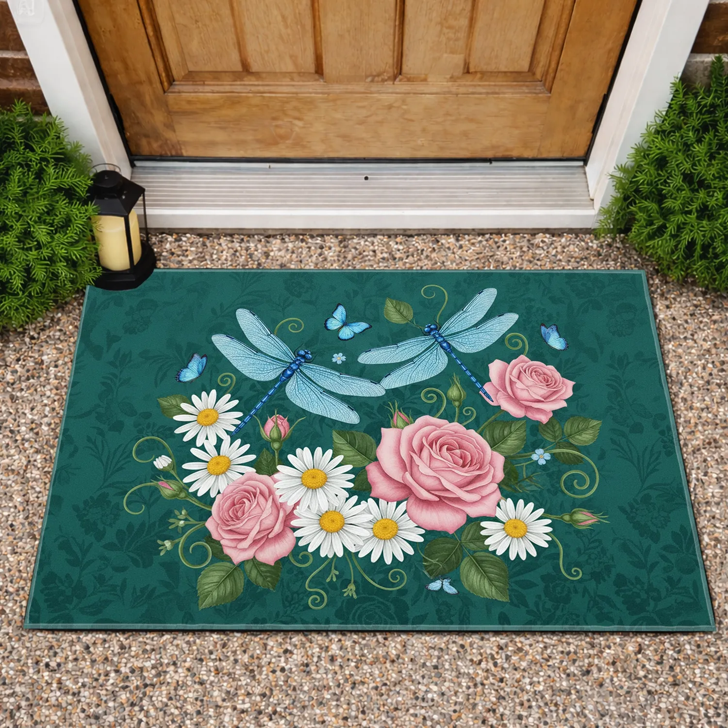 Blue Dragonflies Pink Roses White Daisies Floral - Garden Lover Home Decor Gift Doormat - 1