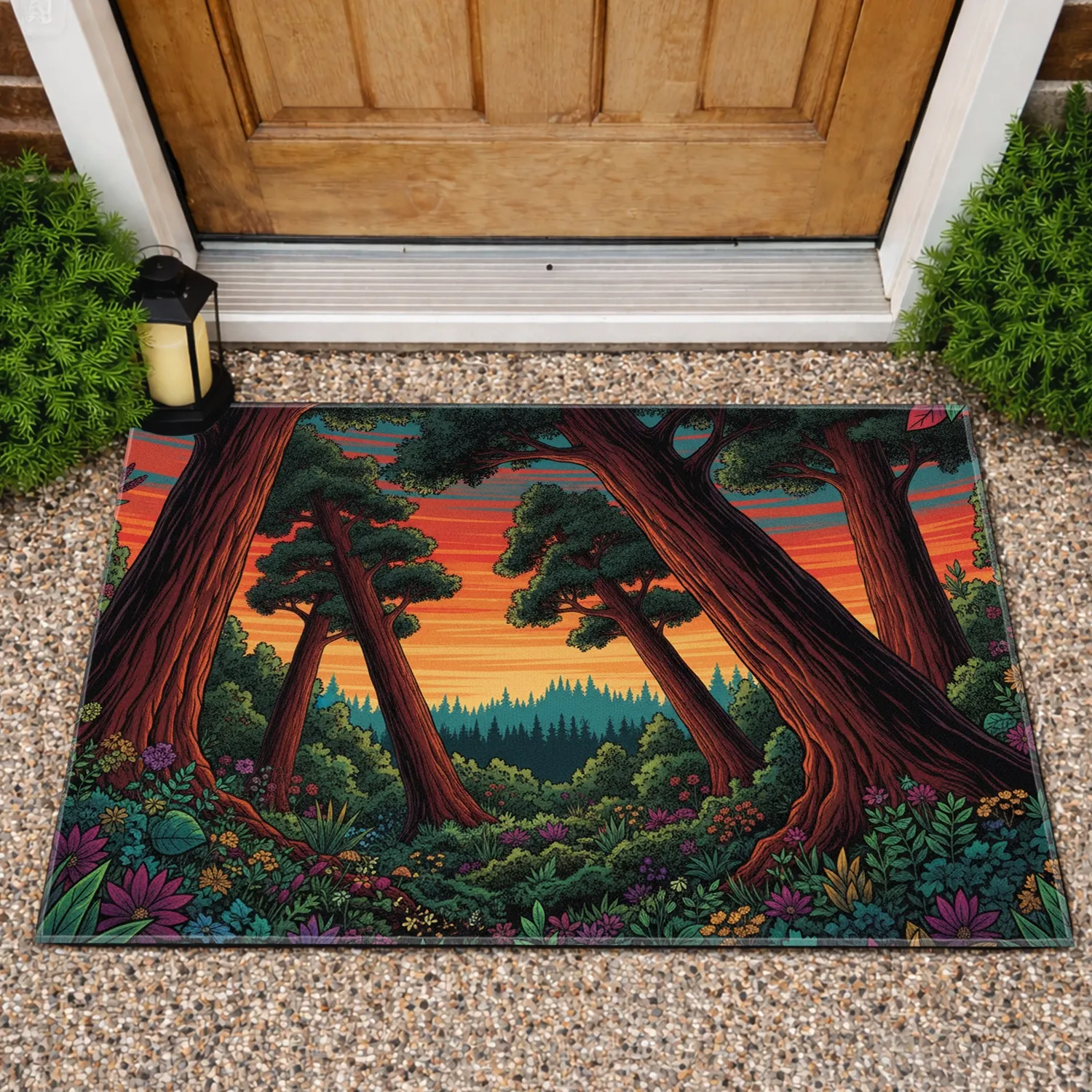 Majestic Redwood Forest Silhouetted Trees Sunset Landscape - Everyday Home Decor Gift Doormat - 1