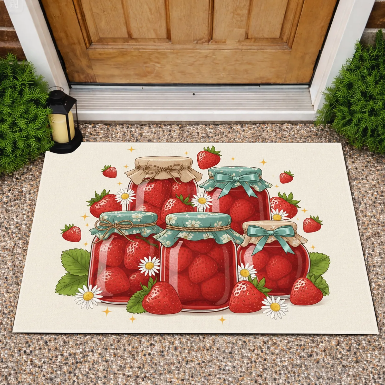 Strawberry Jam Jars Daisies Golden Stars - Farmhouse Home Decor Doormat - 1
