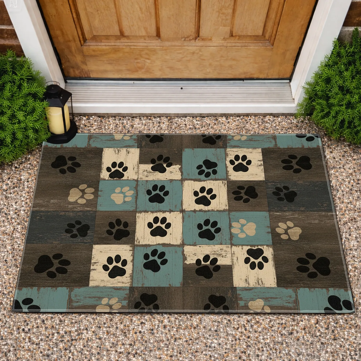 Distressed Wood Paw Print Patchwork - Farmhouse Home Decor Pet Lover Gift Doormat - 1