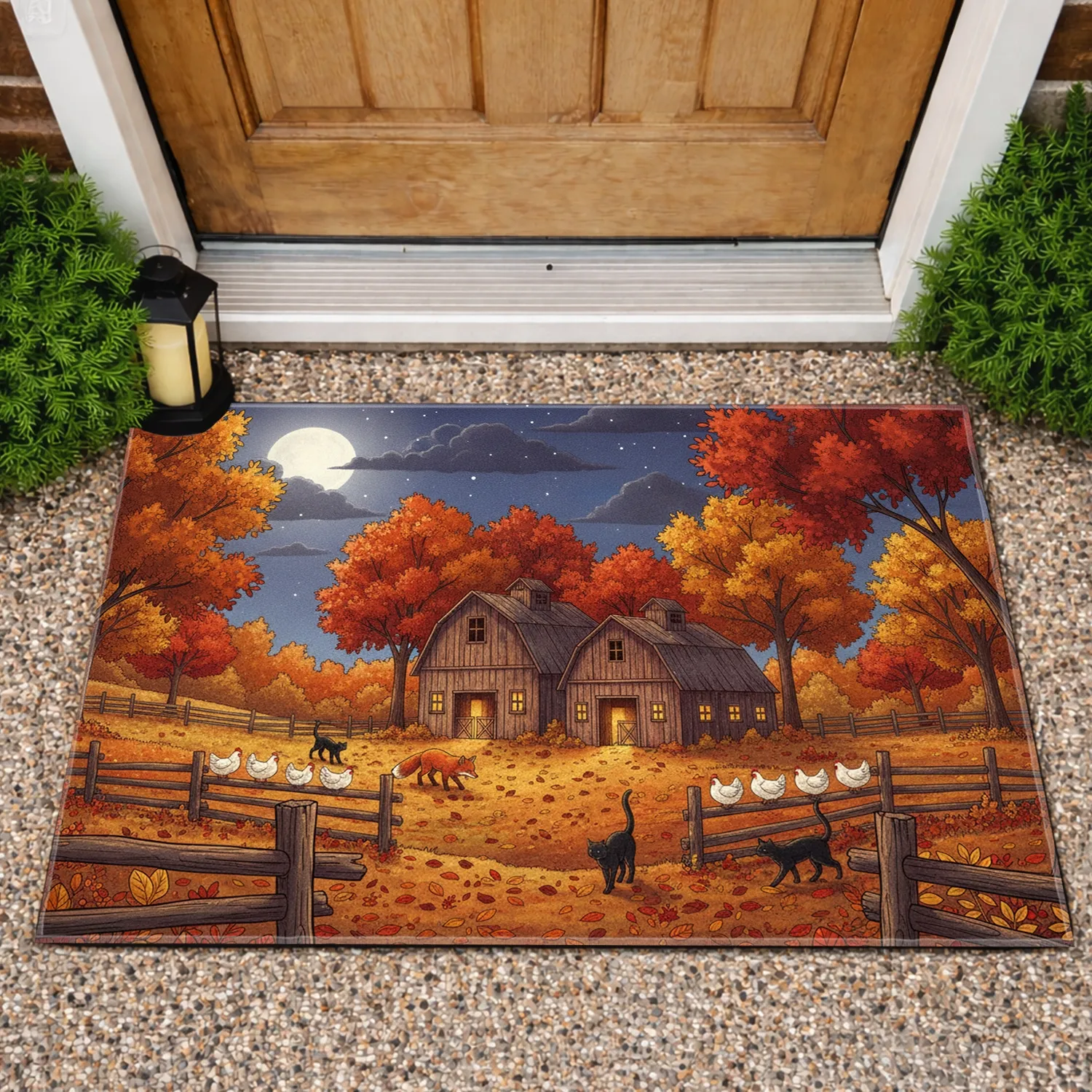 Autumn Night Fox Cats Barns Full Moon Leaves - Farmhouse Decor Gift Doormat - 1