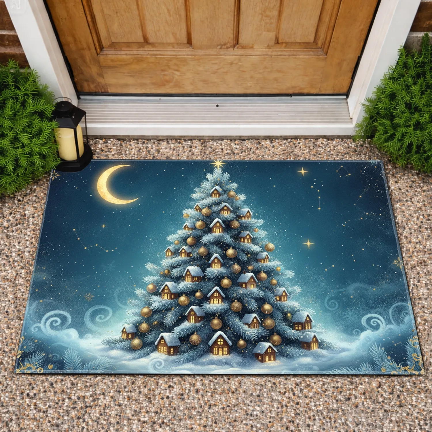 Snow Evergreen Branches Glowing Homes Golden Moon - Christmas Decor Doormat - 1