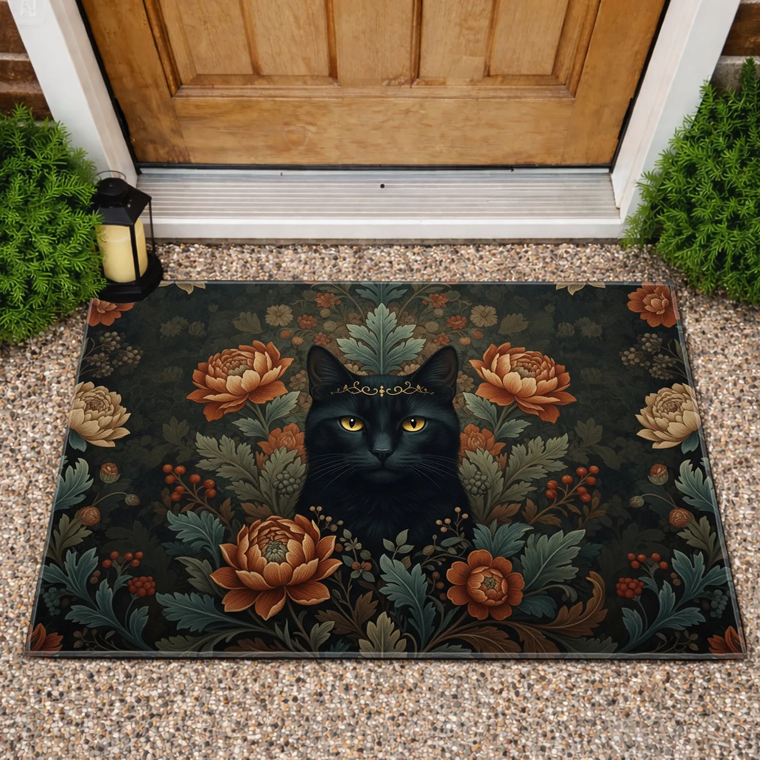 Black Cat Golden Eyes Botanical Foliage - Home Decor Gift for Cat Lover Doormat - 1