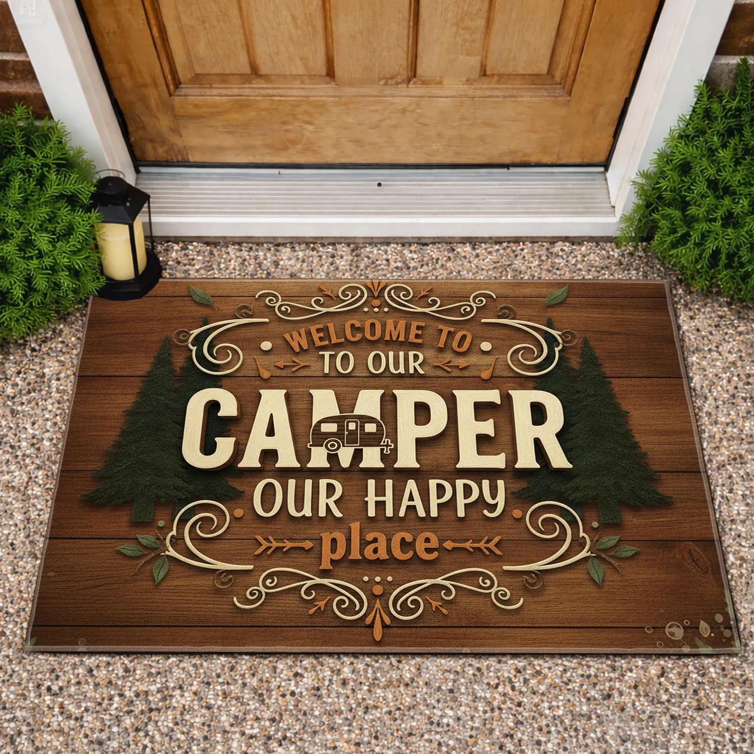 Camper Happy Place Travel Trailer Evergreen Wood - Camping Lifestyle Gift for RV Owners Doormat - 1