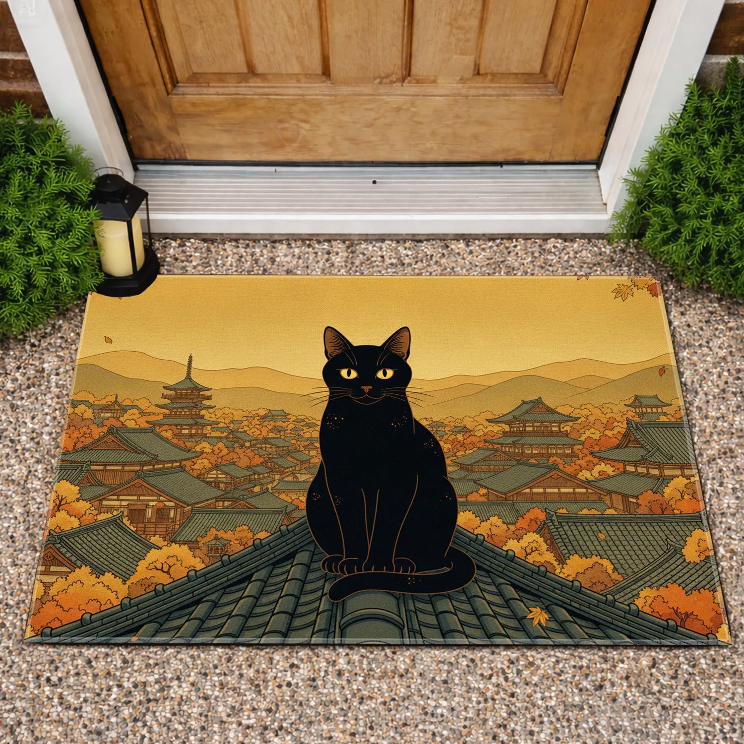 Black Cat Japanese Village - Home Decor Gift for Cat Lover Doormat - 1