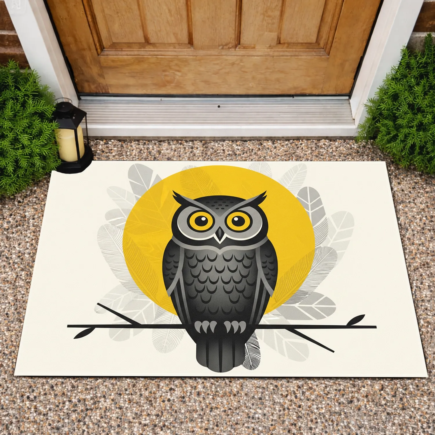 Perched Owl Yellow Circle Branch - Home Decor Gift for Owl Lovers & Bird Watchers Doormat - 1