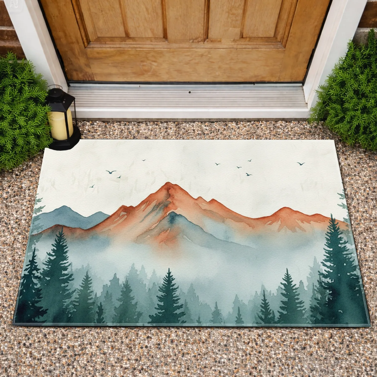 Mountain Range Pine Forest Mist Flying Birds Sky - Outdoor Living Space Gift Doormat - 1