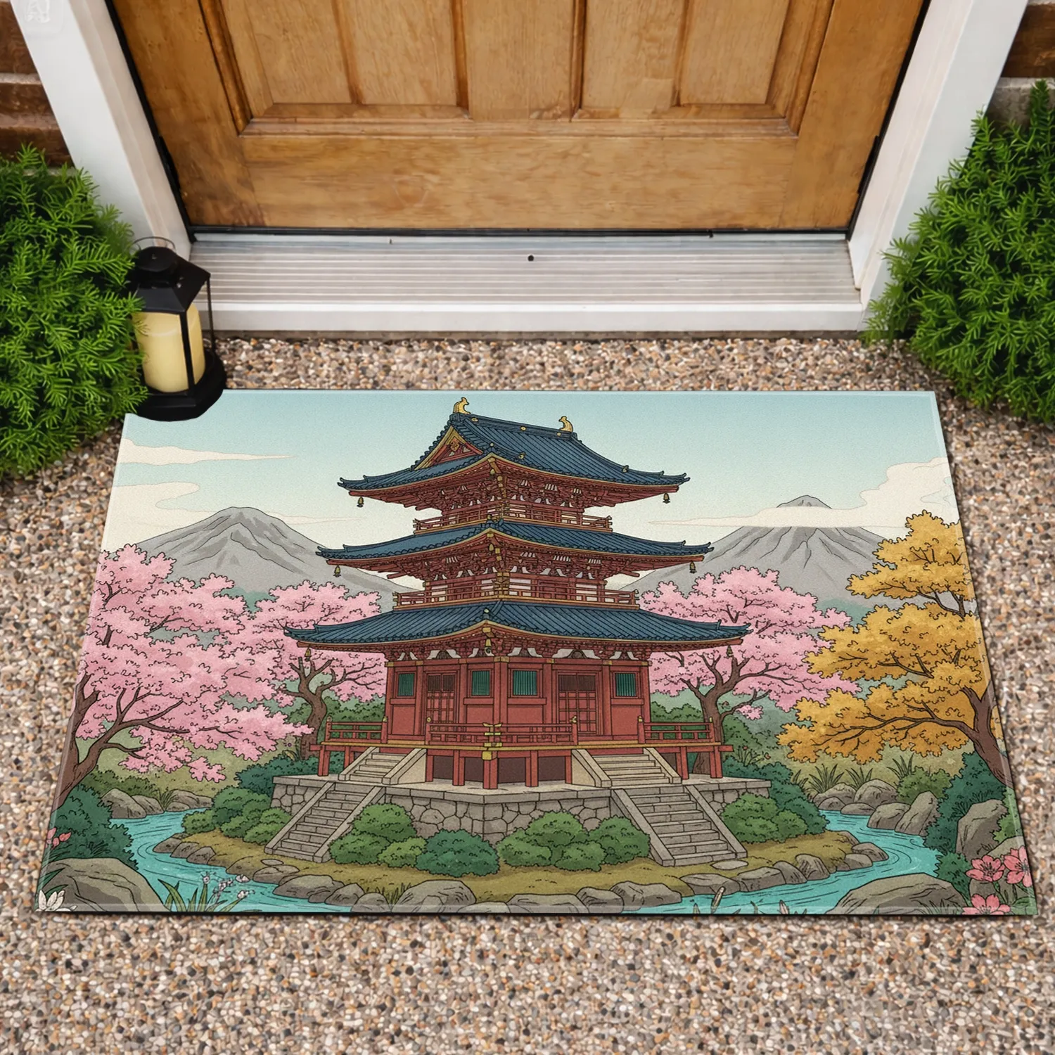 Traditional Japanese Pagoda Cherry Blossom Landscape - Home Decor Gift Doormat - 1