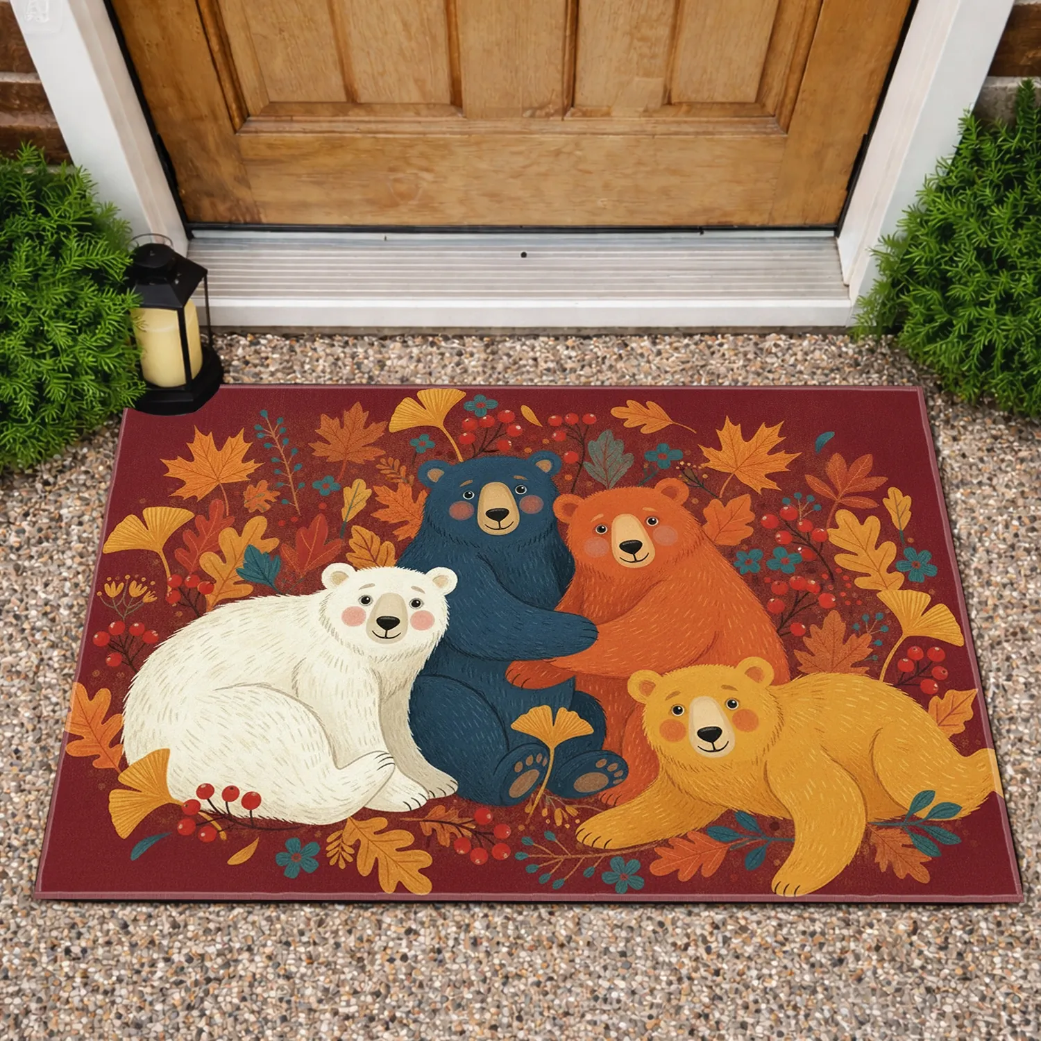 Five Bears in Autumn Foliage with Berries and Floral Accents - Fall Home Decor Gift Doormat - 1