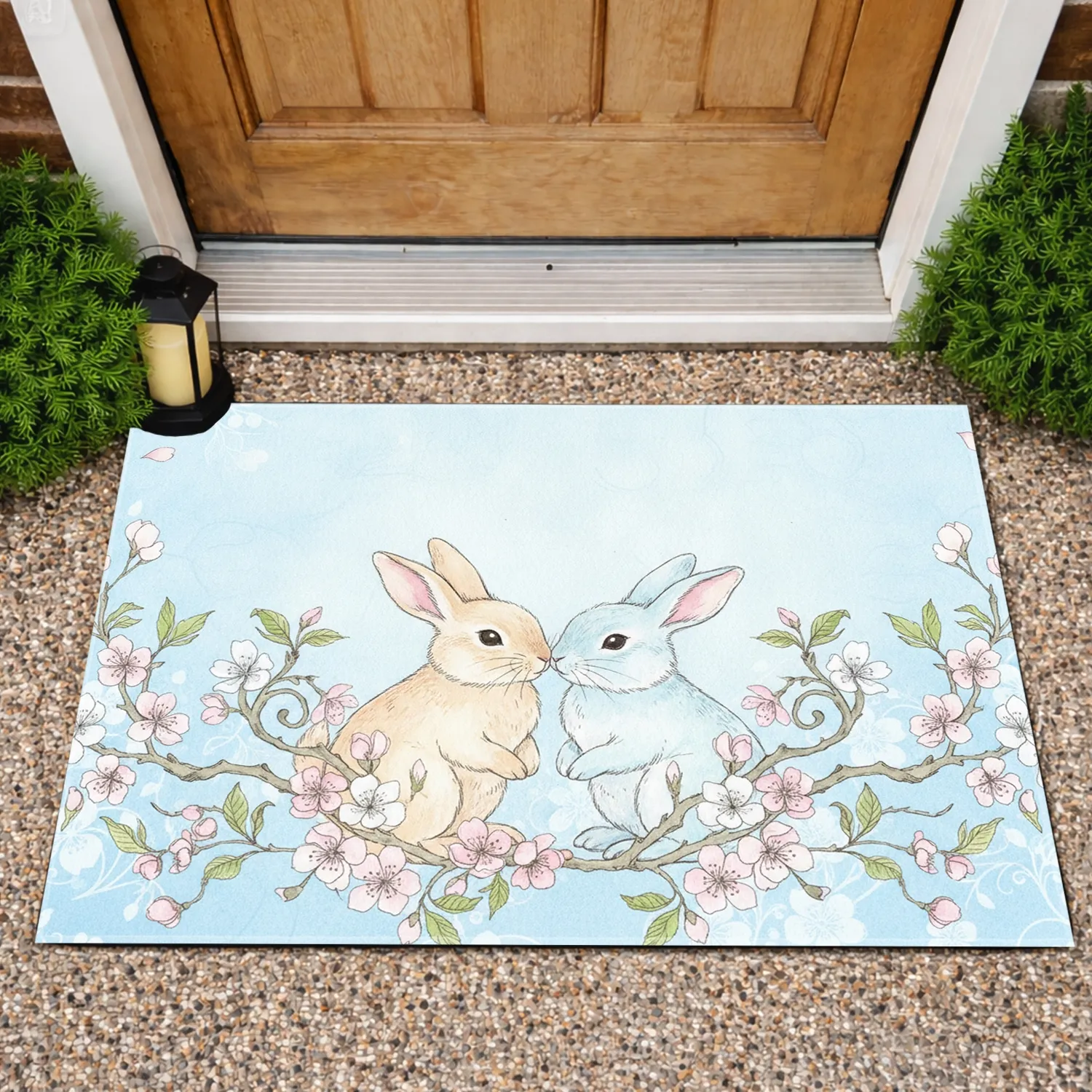 Nuzzling Bunnies Cherry Blossom Floral - Home Decor Gift for Bunny Lovers Doormat - 1