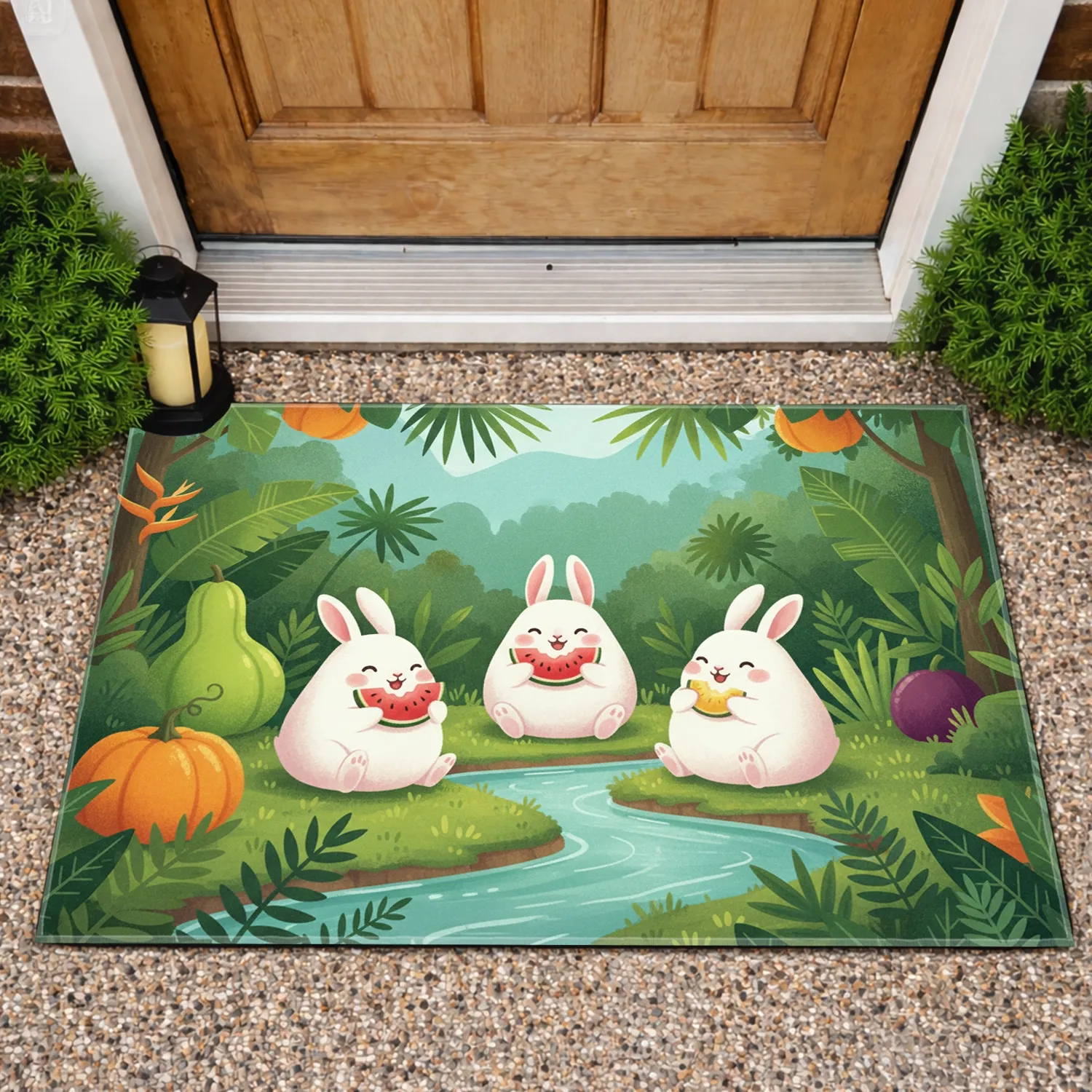 Plump White Rabbits Watermelon Tropical Stream Scene - Wildlife Lover Home Decor Gift Doormat - 1