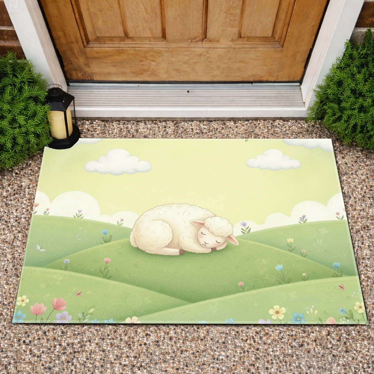 White Sheep Sleeping Green Hills Wildflowers - Home Decor Gift Doormat - 1