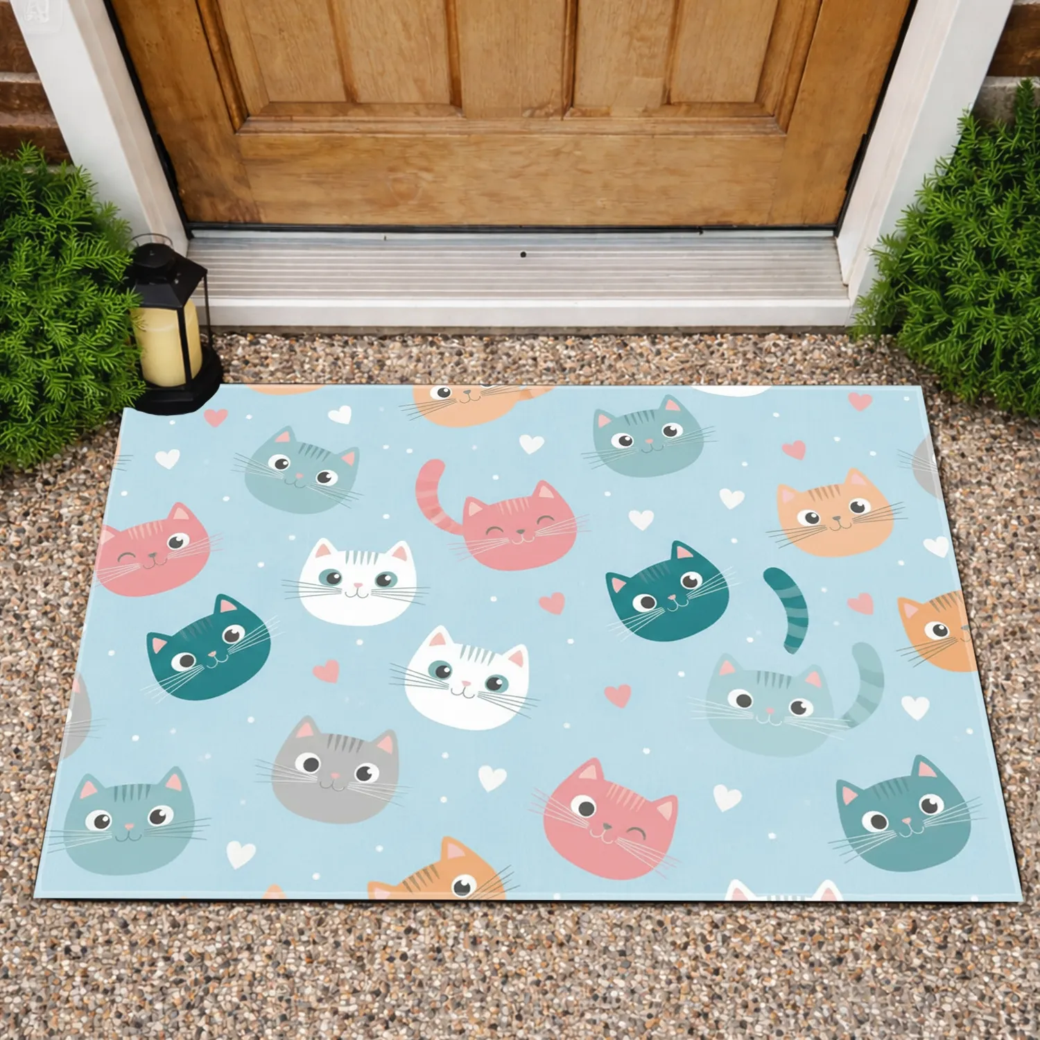 Multiple Pastel Cartoon Cats Heart Shapes - Home Decor Gift for Cat Lover Doormat - 1