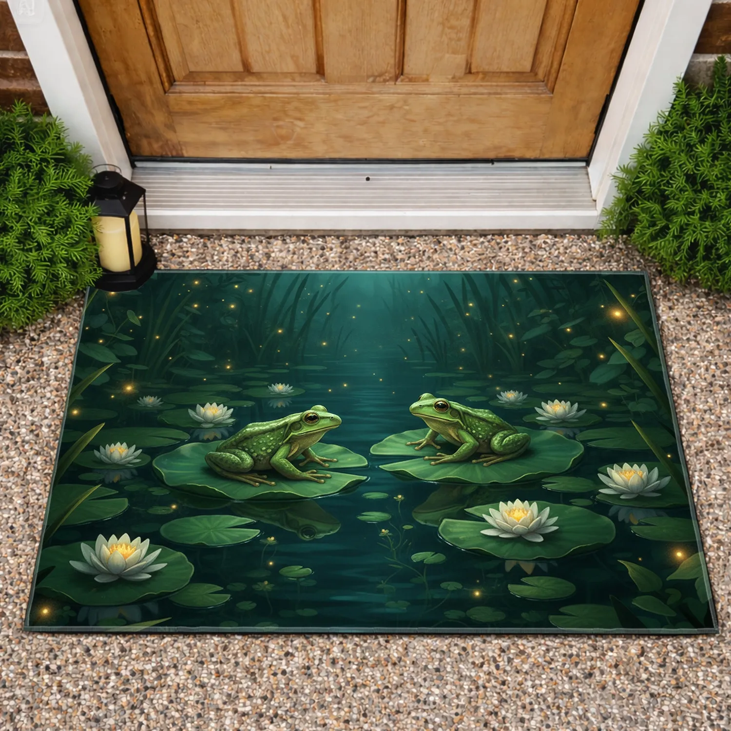 Green Frogs Lily Pads Water Lilies Fireflies Nocturnal Water Garden Home Decor Gift Doormat - 1