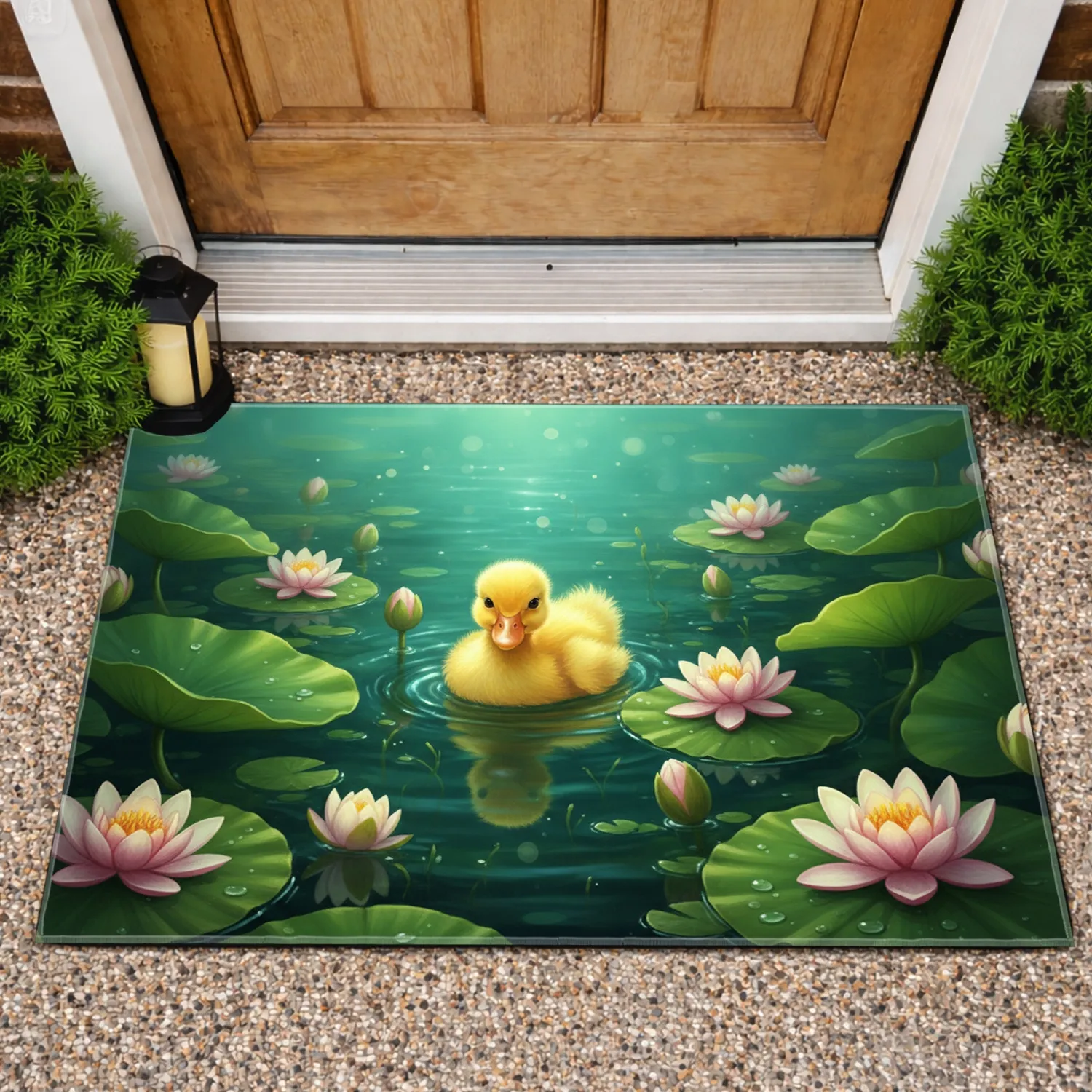 Fluffy Yellow Duckling Lily Pad Water Lily Glistening Pond - Home Decor Gift for Duck Lovers Doormat - 1