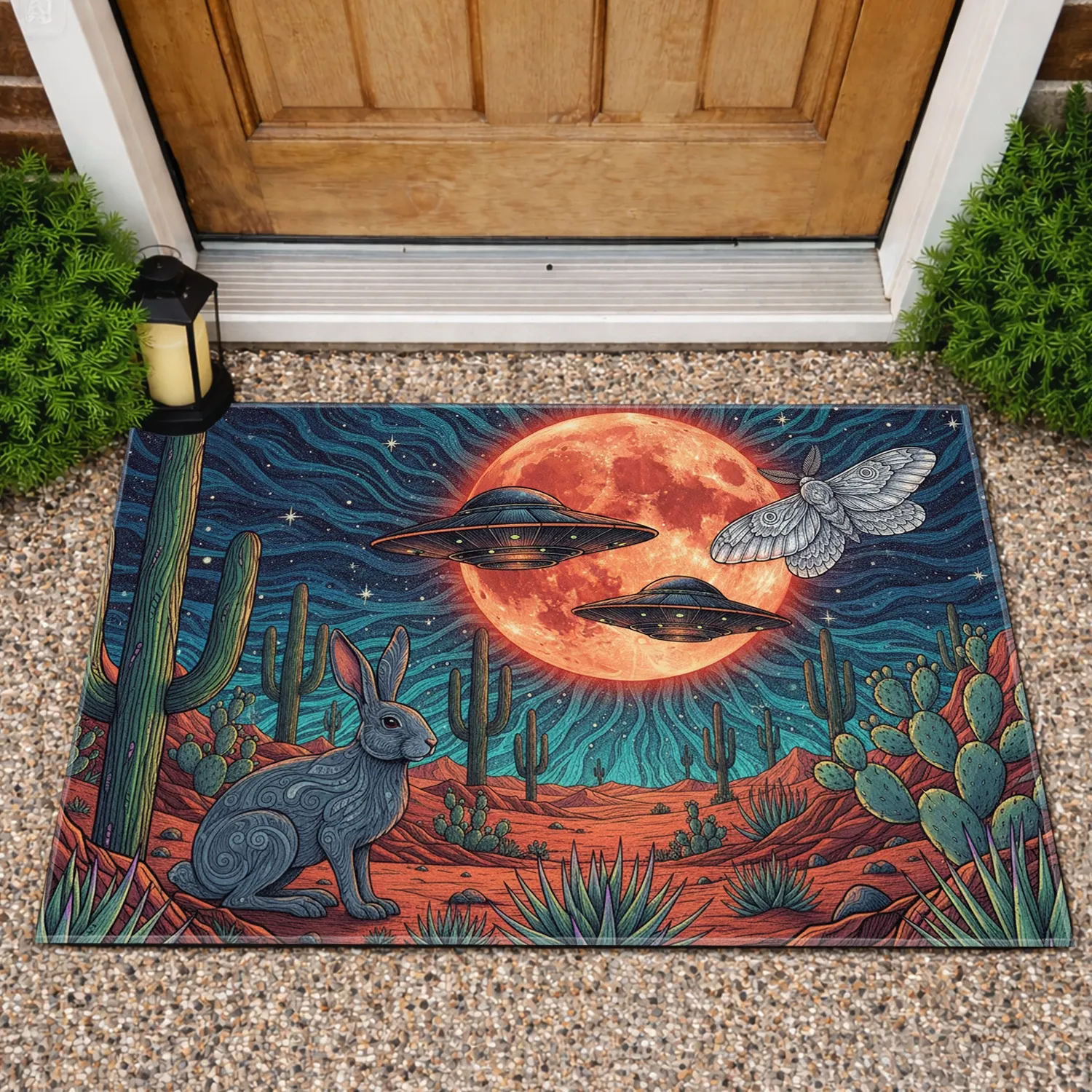 Cosmic Desert Moon Jackrabbit Moth UFO - Home Decor Gift for Sci-Fi Fans Doormat - 1