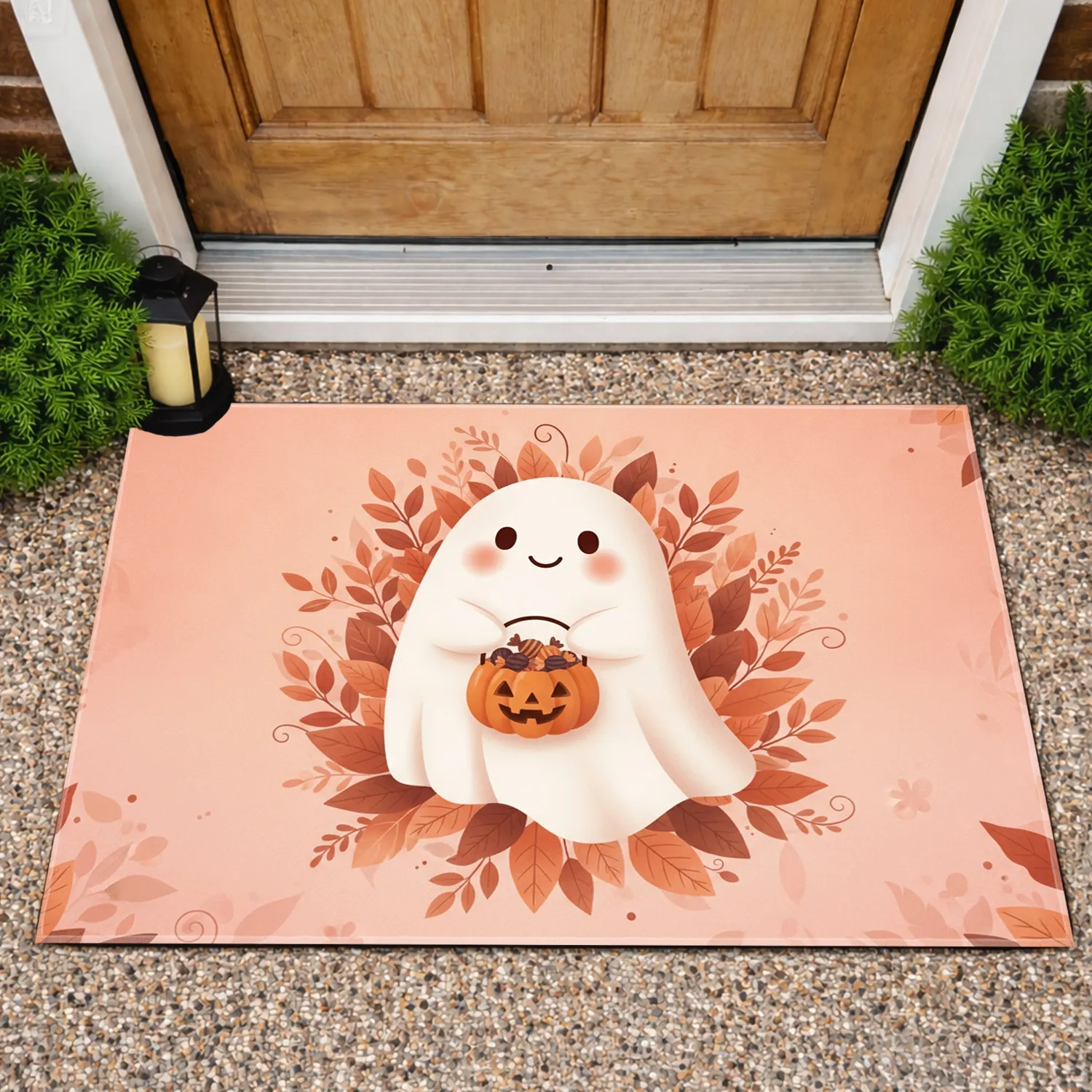 Ghost Pumpkin Candy Basket Autumn Leaves - Halloween Decor Gift Doormat - 1