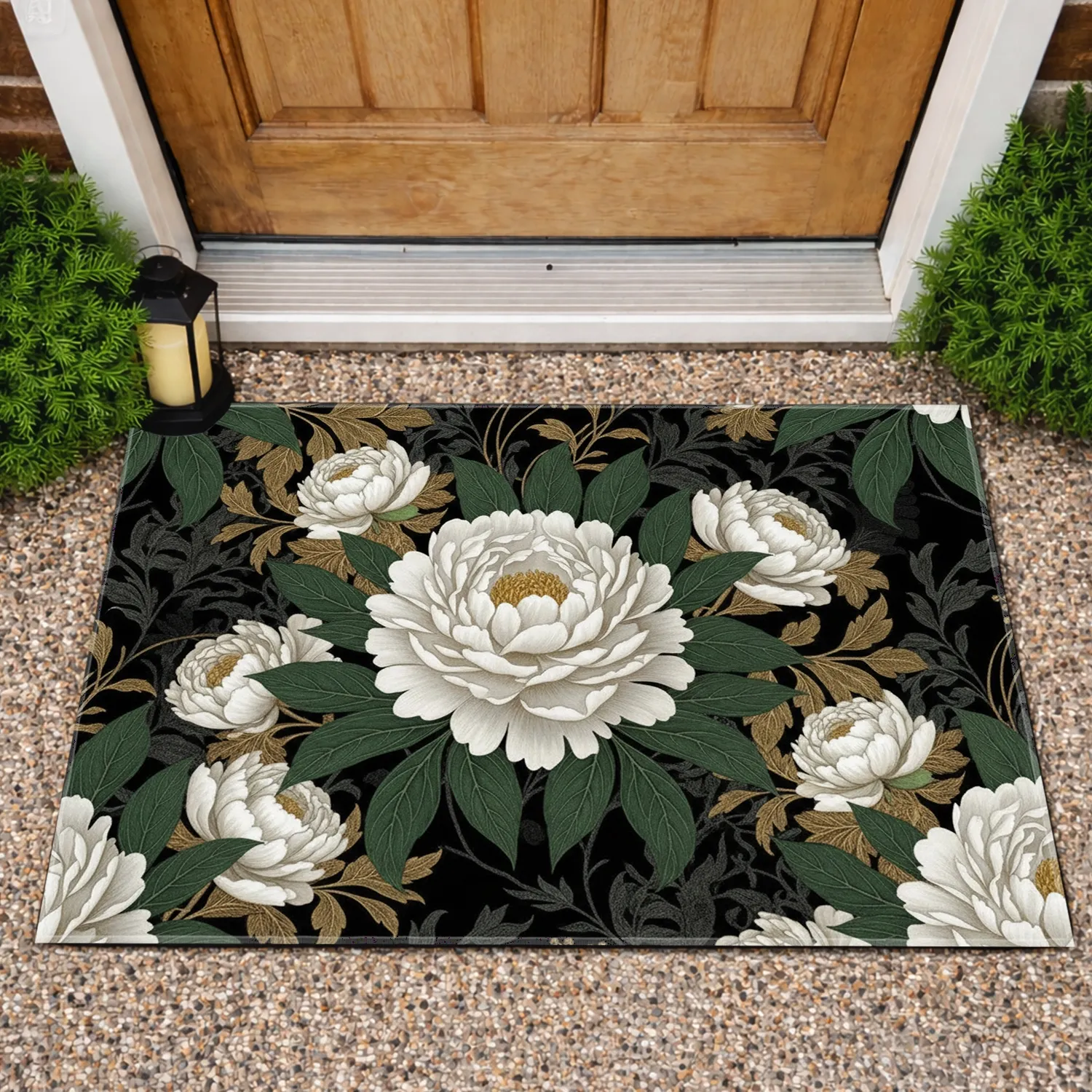 Peonies Blossoms Foliage Tendrils - Luxurious Home Decor Gift Doormat - 1