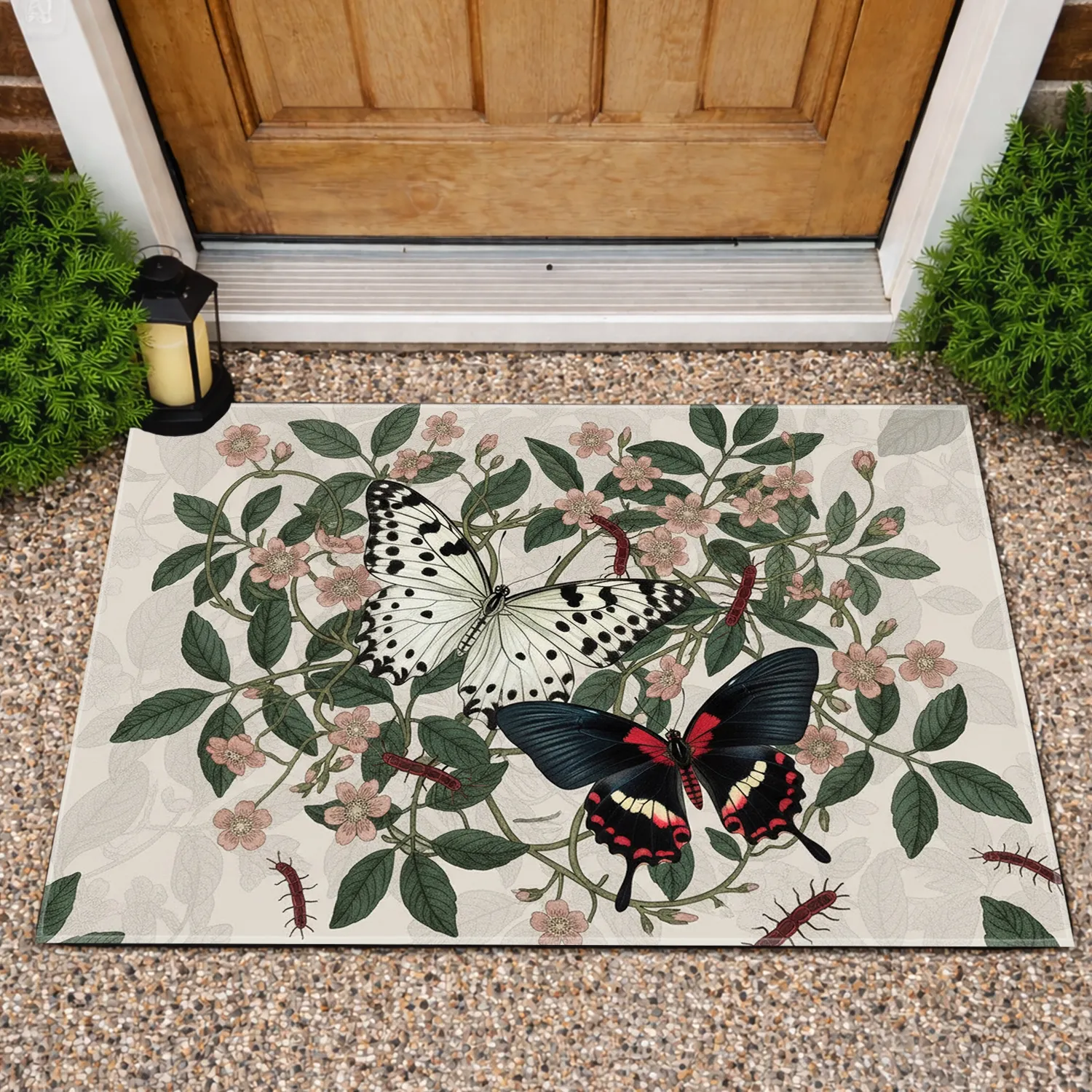 Intertwining Butterflies Botanical Branches Vines Flowers Leaves Centipede Insects - Home Decor Gift Doormat - 1
