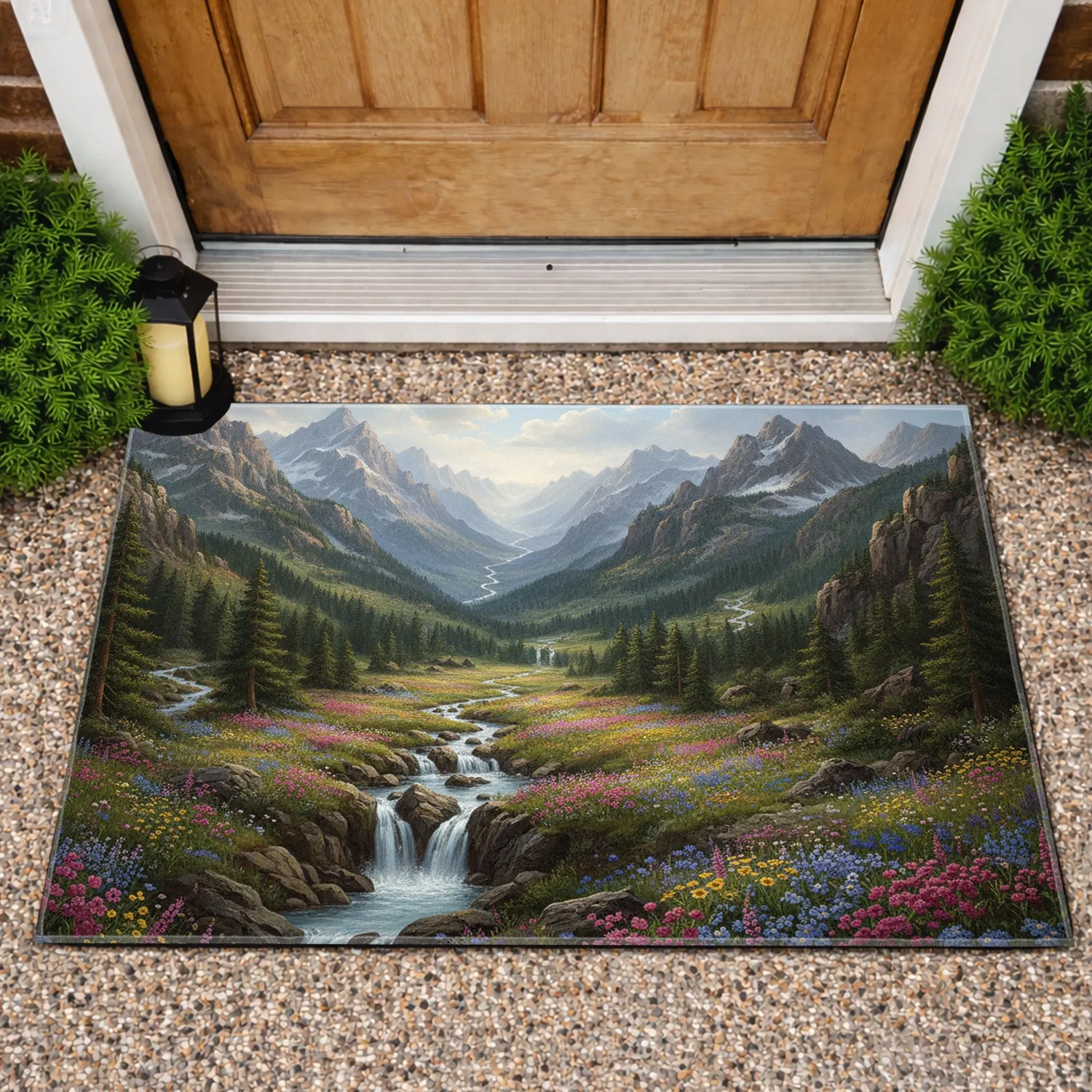 Grand Mountain Valley Waterfall Wildflower Meadow - Nature Lover Home Decor Gift Doormat - 1