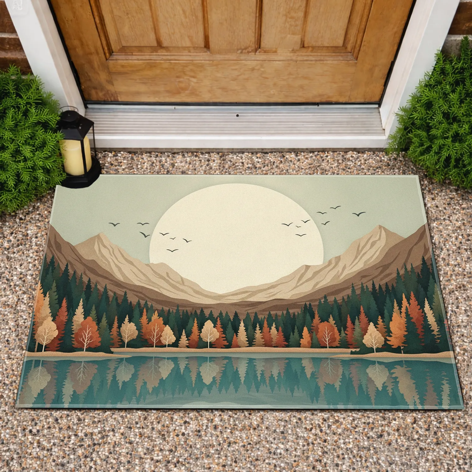 Layered Landscape Sun Moon Silhouetted Birds - Home Decor Gift for Nature Lovers Doormat - 1
