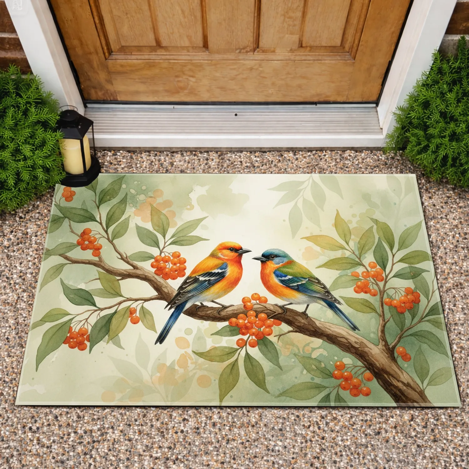 Vibrant Birds Orange Berries Gnarled Branch Botanical Leaves - Wildlife Lover Home Decor Gift Doormat - 1