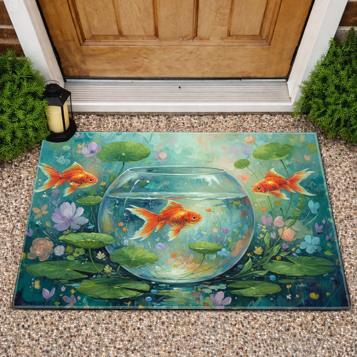 Goldfish Glass Bowl Lily Pads Aquarium - Home Decor Gift for Fish Lovers Doormat - 1