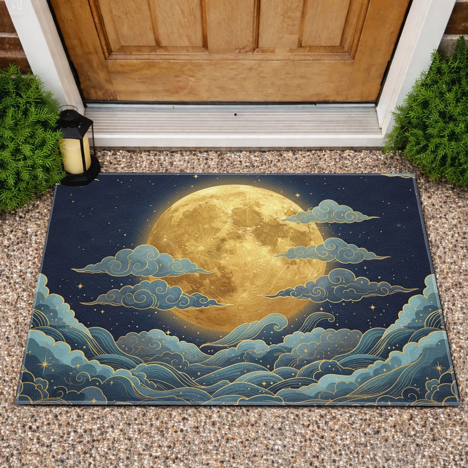 Luminous Golden Full Moon Blue Grey Swirling Clouds Night Sky Stars - Home Decor Gift Doormat - 1