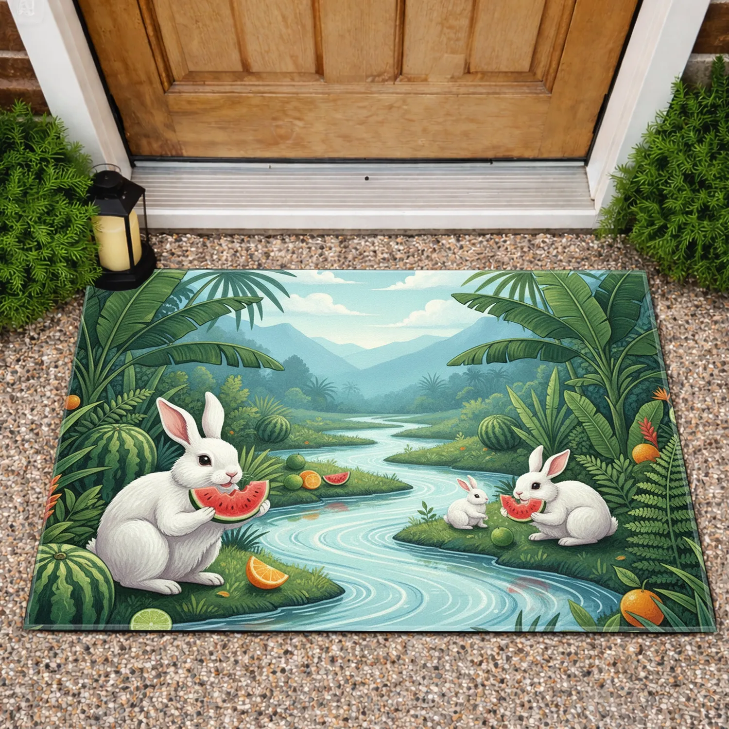 White Rabbits Watermelon Tropical Jungle - Home Decor Gift for Rabbit Lover Doormat - 1