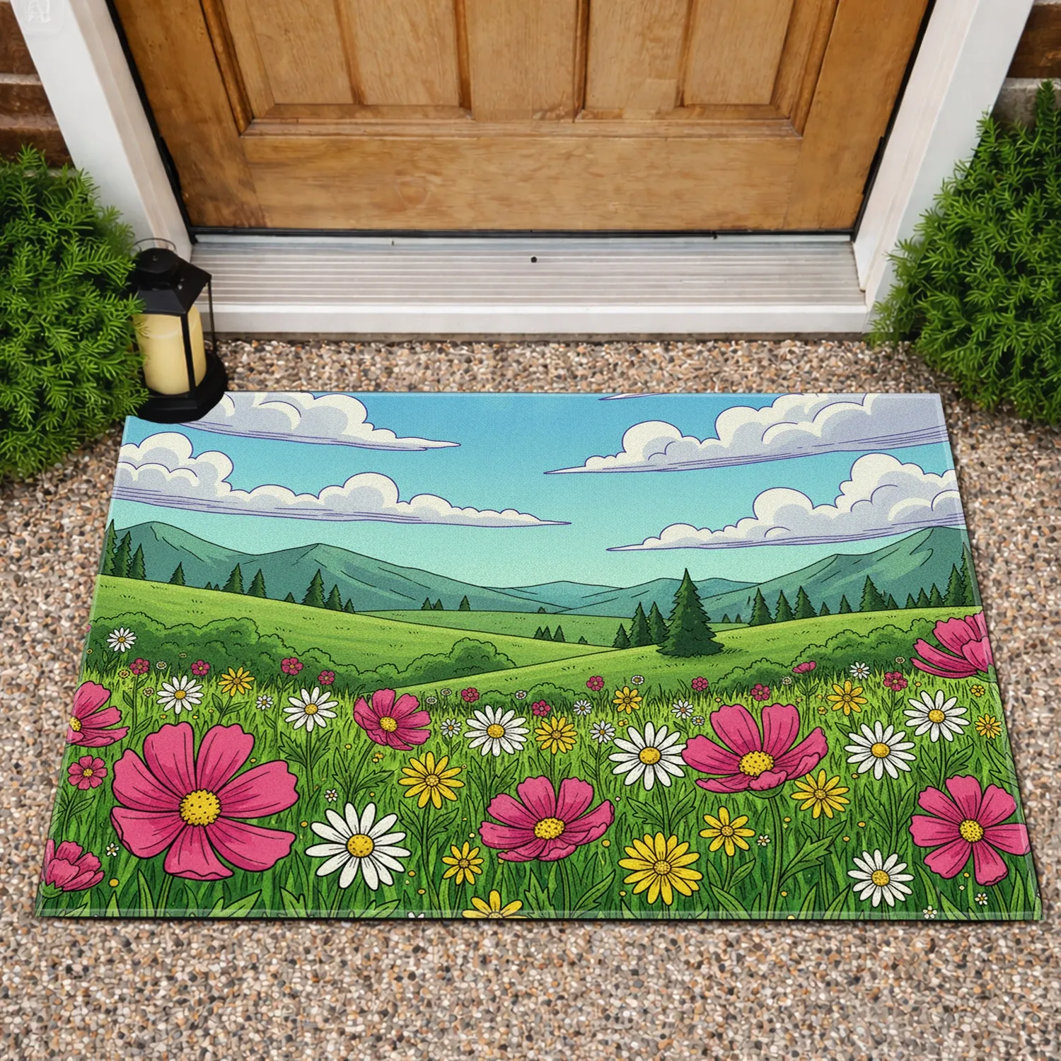Vibrant Wildflower Meadow Rolling Hills Sky Clouds - Nature Lover Home Decor Gift Doormat - 1