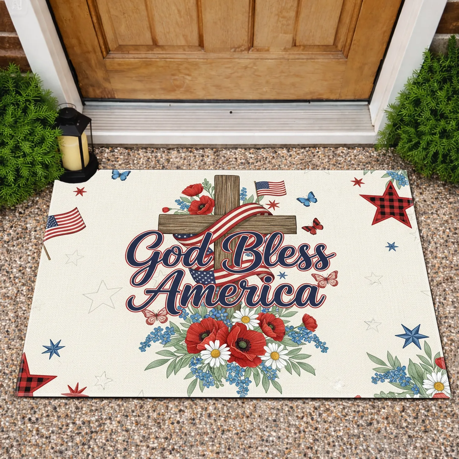 God Bless America Cross Flag Poppies - Independence Day Gift for Veterans Doormat - 1