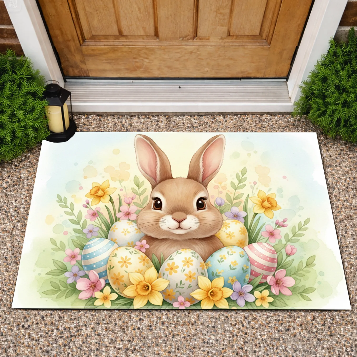 Easter Bunny Decorated Eggs Spring Flowers - Easter Celebration Gift Doormat - 1